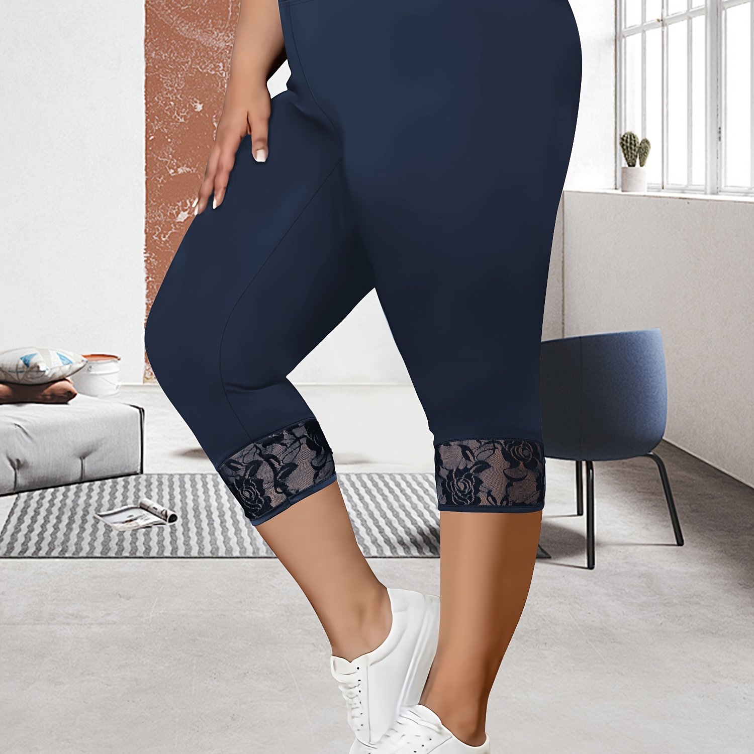 TEMU Pantalon Taille Haute Grande Taille avec Ouverture de Jambe et Dentelle Contrastante 7/8 - Printemps-Été - Patchwork de Dentelle Contrastée -