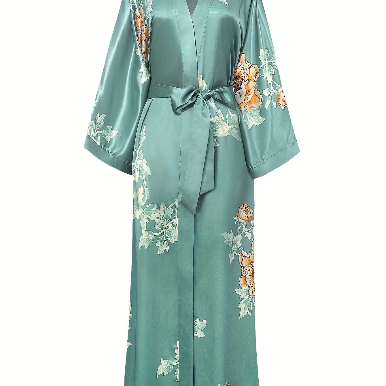 TEMU Floral Kimono Robe Satin Silk Wedding Robe 1920s Kimono Nightgown Sleepwear 53 Inches Long