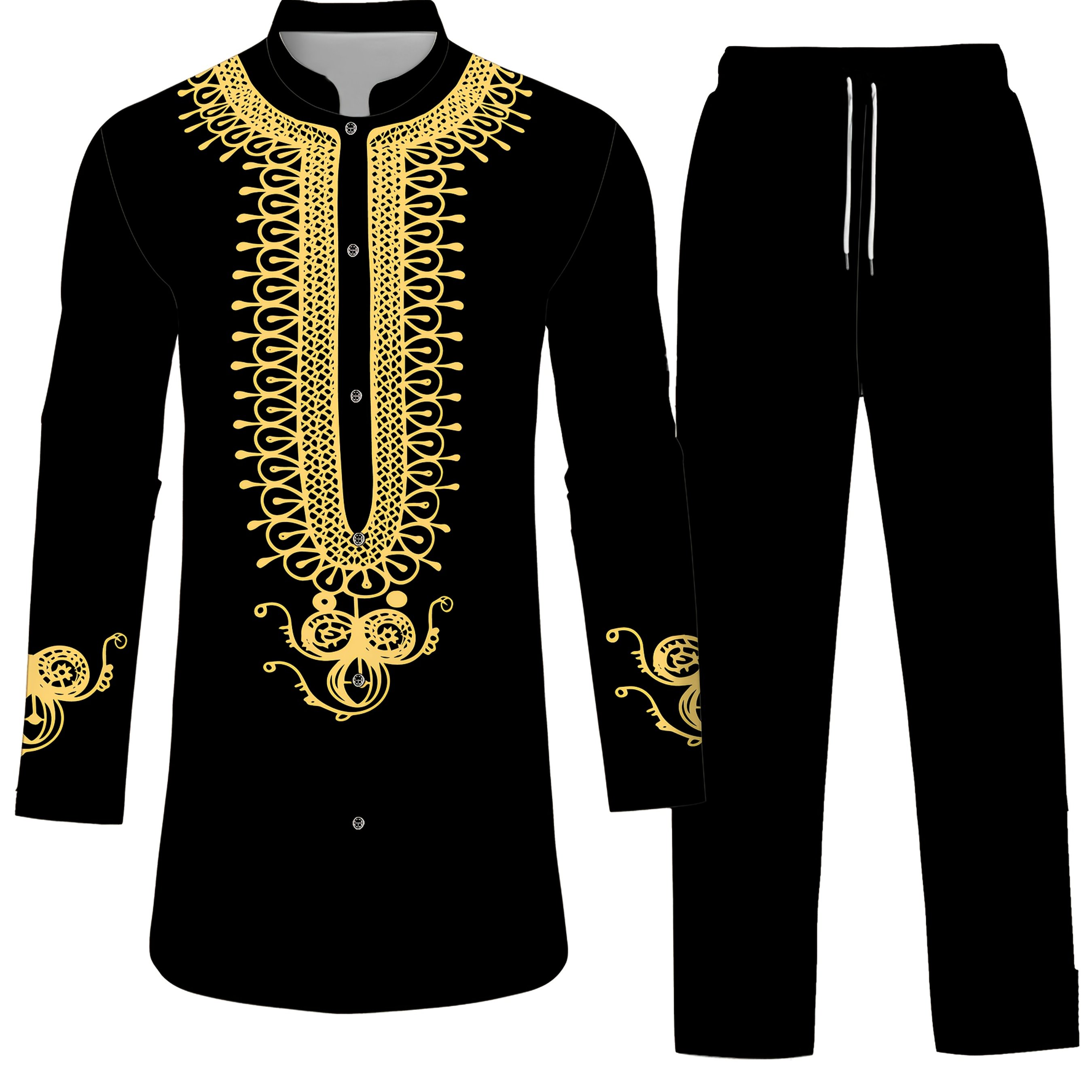 TEMU 2pcs Set: Men's Golden Printed Robe Shirt And Pants, Casual Loungewear Set