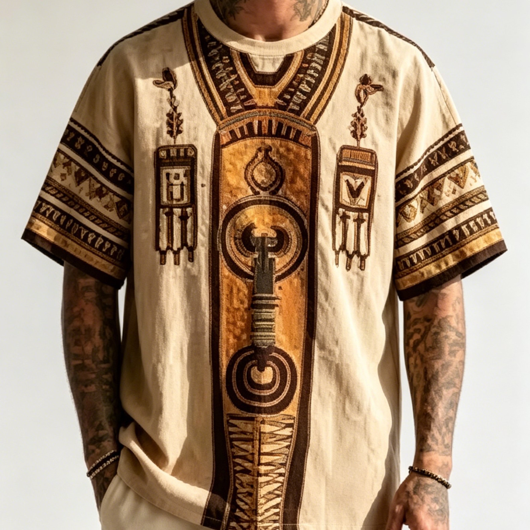 TEMU [printed Design â Not Textured] Men's Ancient Egyptian Totem Pattern Full Print T-shirt, Round Neck Casual Design, Summer Versatile Style,