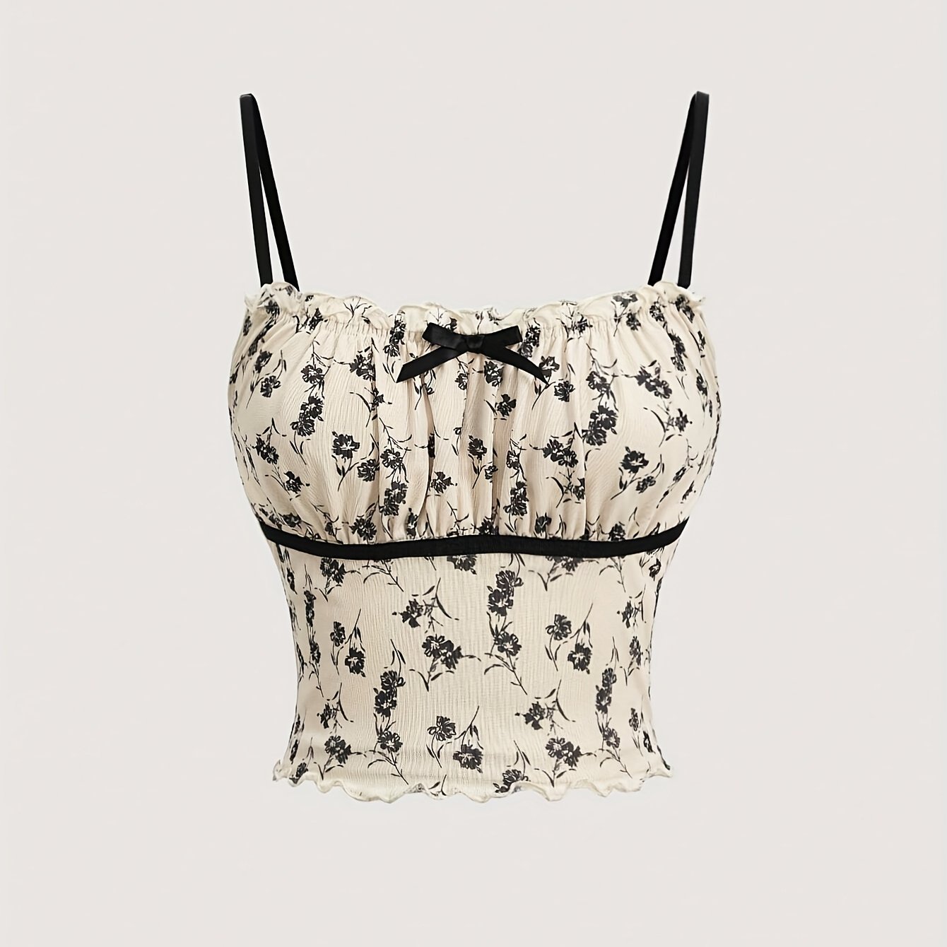 E-shop Frühlings-Sommer Neuankömmling Süßes und Gyaru Blumenmuster Mesh Material Gezahnter Besatz Schleife Detail Cami Top