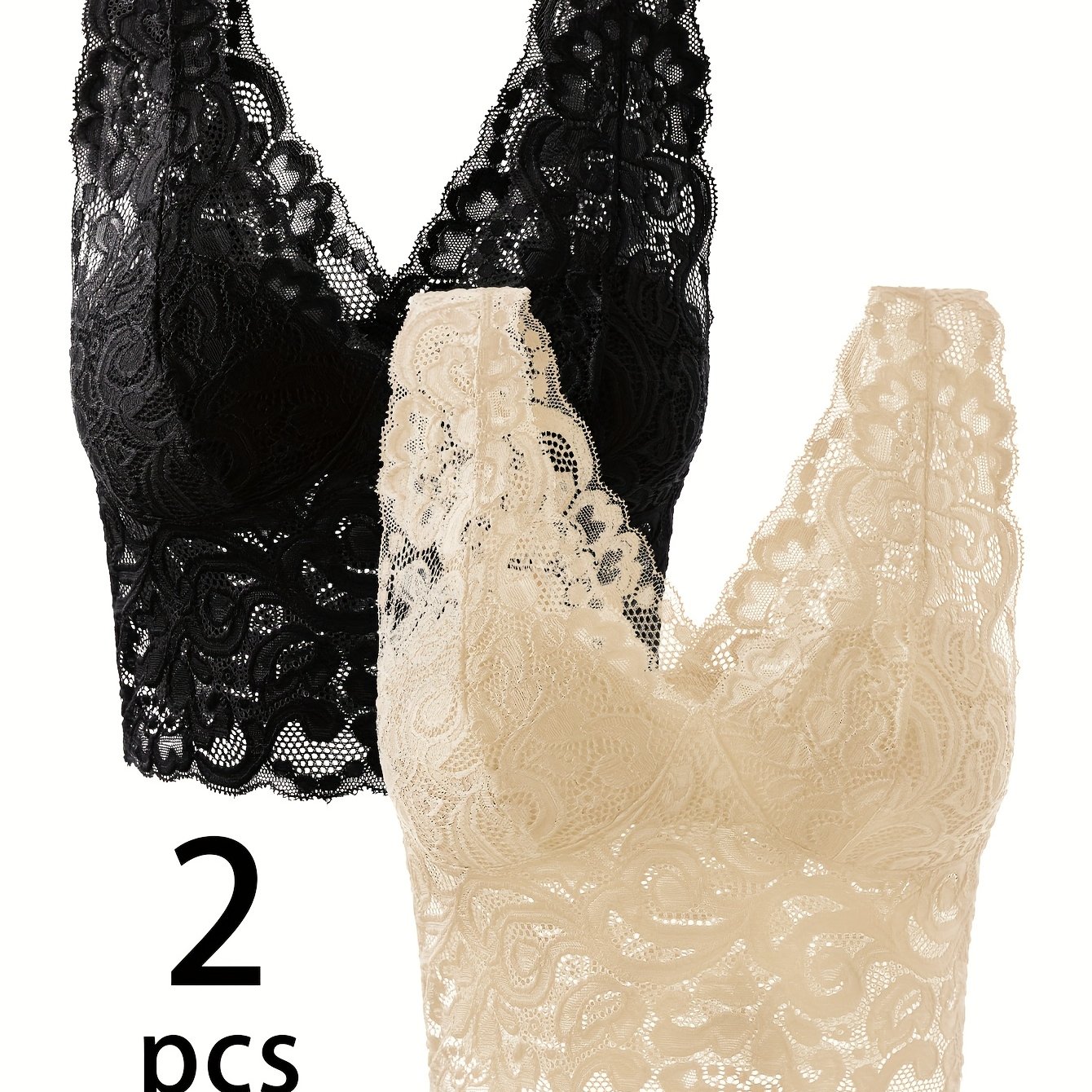 Image of 2 Pieces Of Women's Sexy Floral Lace Lingerie, Wire-free Top, Camisole With Cross Straps, Solid Color, Fabric, Comfortable And Breathable, Without Cup Padding, In Light And Black