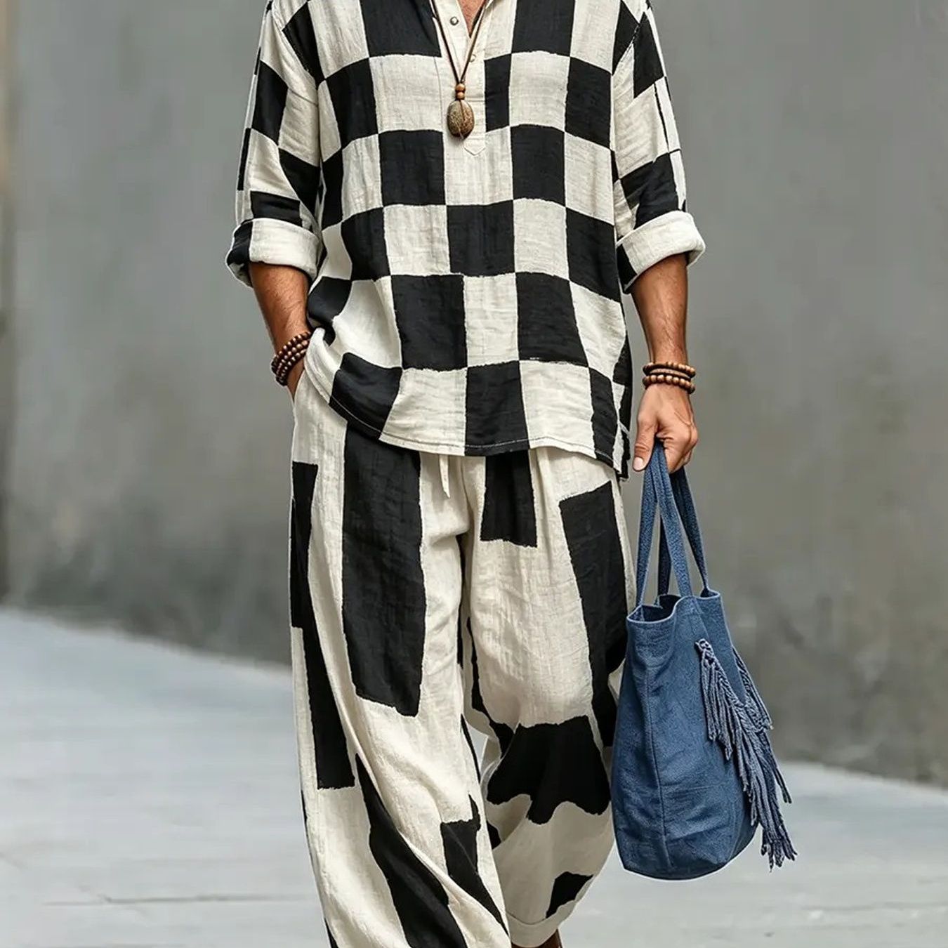 Image of Standard Size Men's Loose Two-piece Set - 's Old Money Style Checkered Print Suit, Vintage Four-button Long-sleeve Shirt And Straight-leg Trousers, , Suitable For Daily And Outdoor Wear