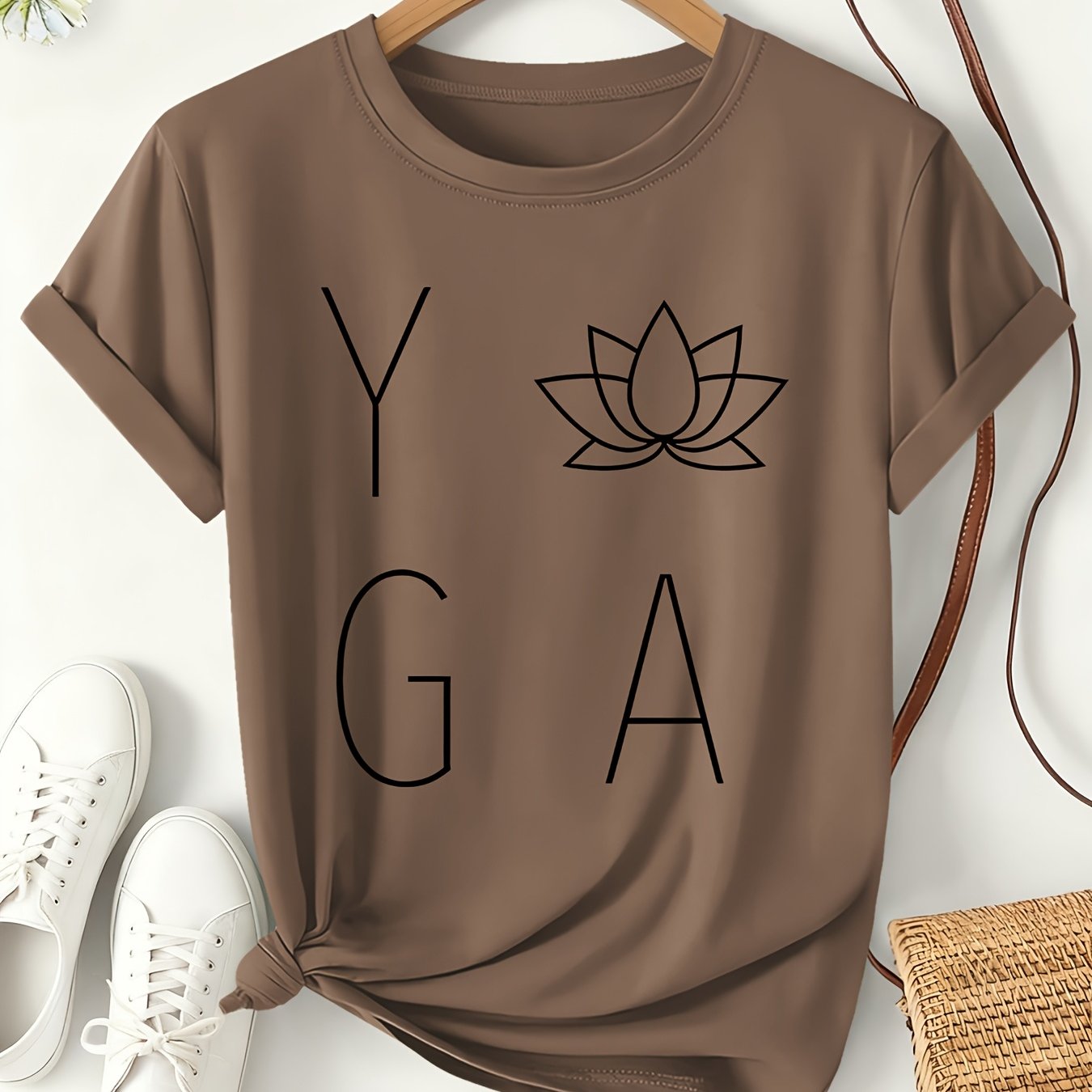 TEMU Yoga For Lotus Letter Print Women's T-shirt 2026 Spring/summer Light Oxygen Style Short Sleeve, Loose For Wear, Zen Sports Theme Fashion