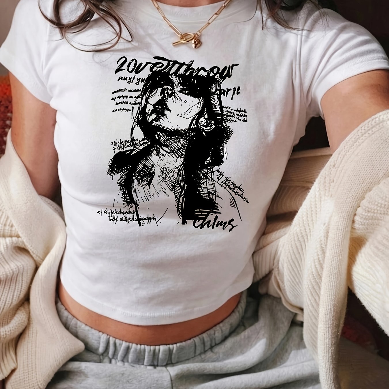 Summer Casual Women's Short-sleeve T-shirt, Y2k Spicy Style Top, Vintage Sketch Portrait Print Crewneck Tee, Slim-fit High-stretch, Suitable For Daily Wear.