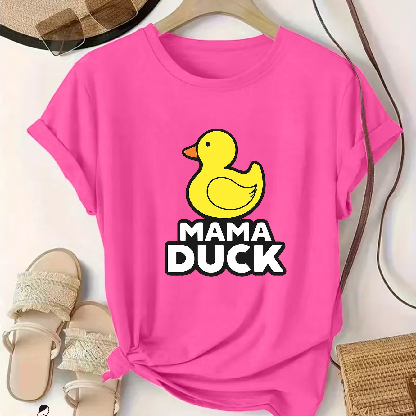 TEMU 1pc Women's Fashion Printed Crew Neck Short Sleeve T-shirt, Cute Mama Duck Rubber Duck Graphic Tee, Casual Comfortable For Daily Wear | Trendy