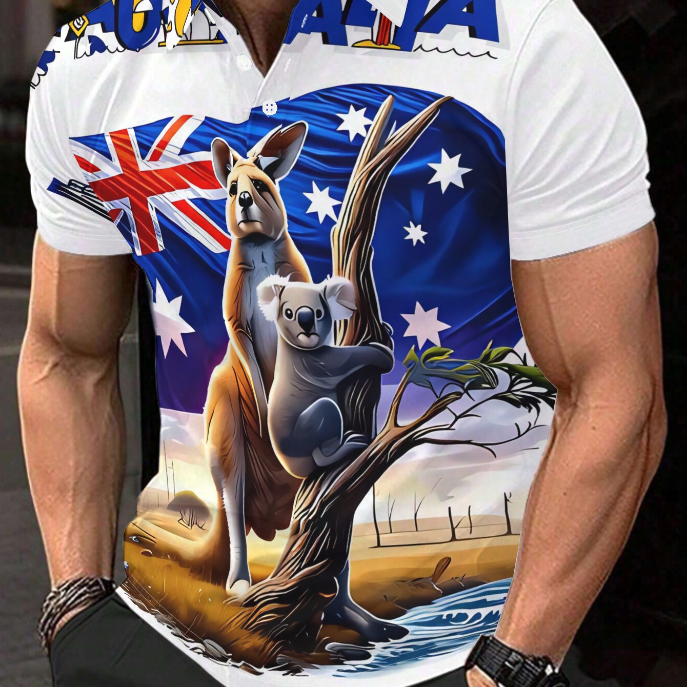 TEMU [printeddesign-not Textured] Men's Casual Short-sleeve Shirt With Australian Flag, Kangaroo And Koala, Australian Versatile Top, Button-up