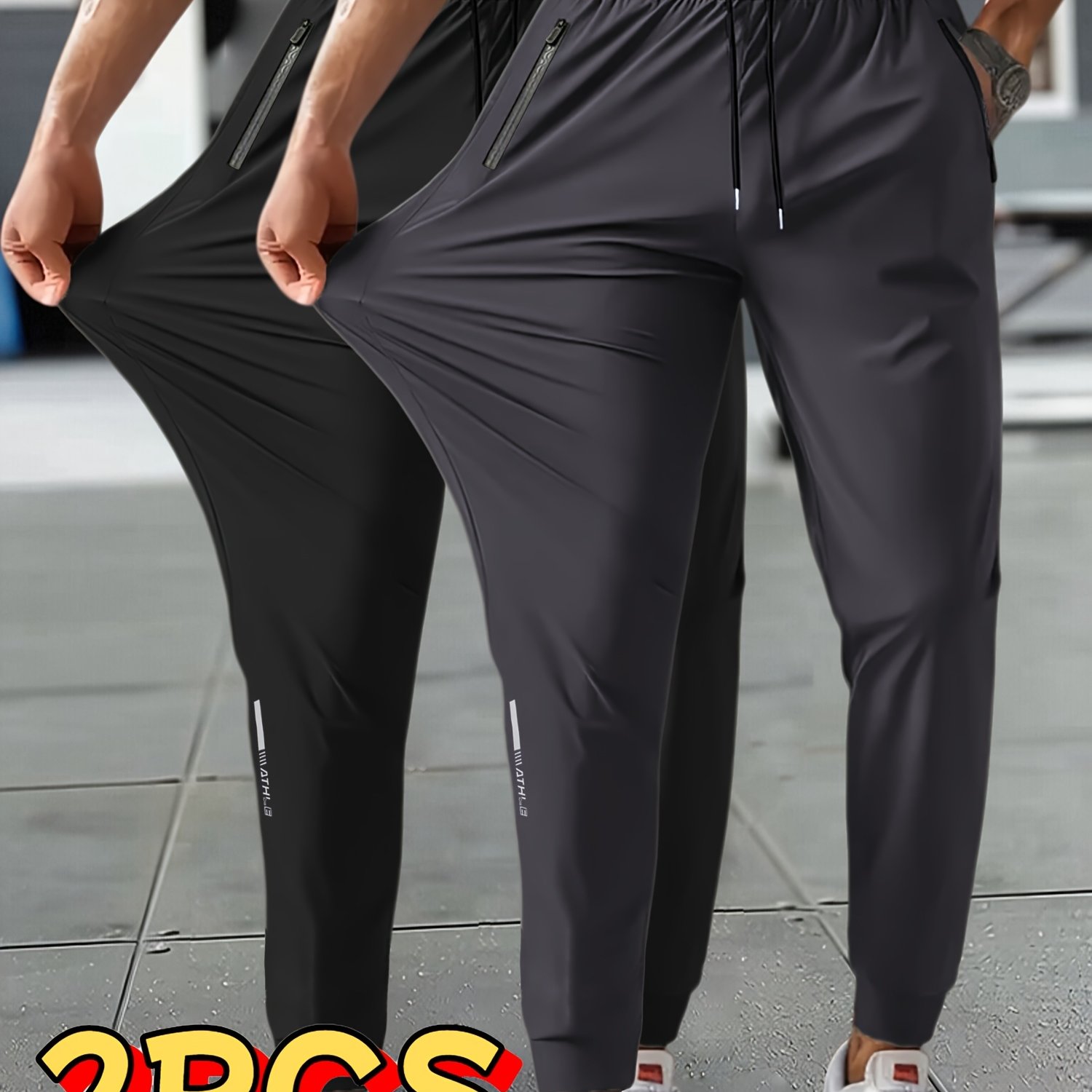 Image of 2pcs Men's -silky Sport Pants, Made From Breathable Ice-silky High-elasticity Fabric, Featuring Drawstring Waist And Zippered . Perfect For Sports, Running, Fitness Activities, And Casual Attire.