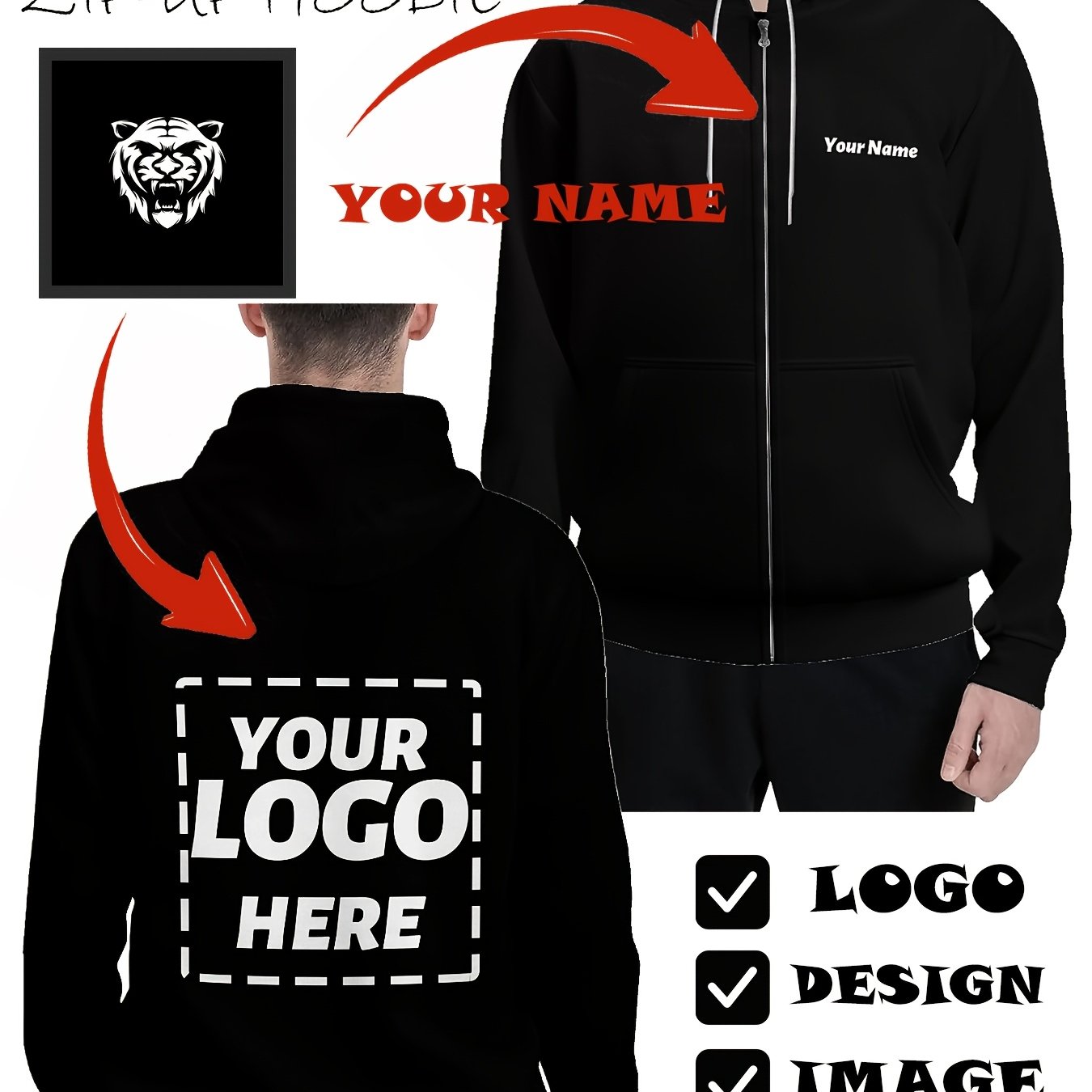 TEMU Men's Custom Plus Size Zip-up Hoodie - Supports Your Pictures/logos/icons And Names, Personalized Customization, Suitable For Spring And Autumn