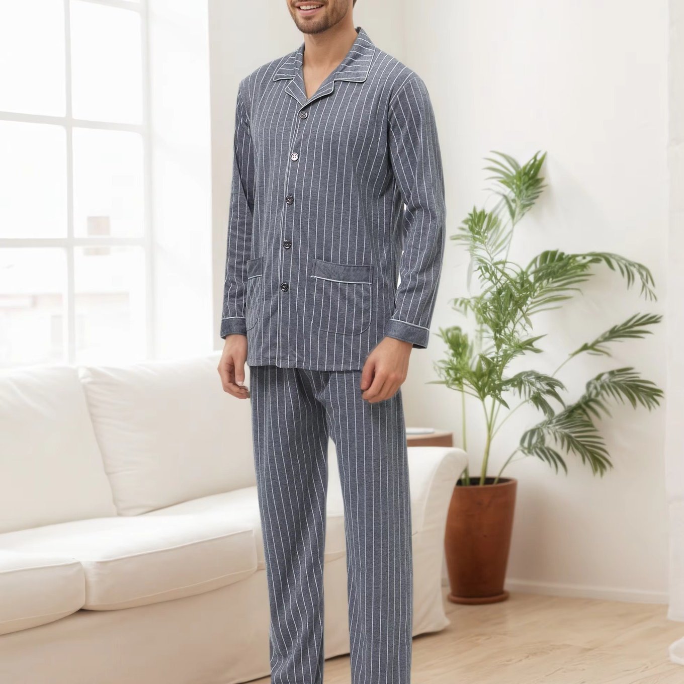 Image of Men's Sleepwear Long Pajama Set Cotton V-neck Checkered Long Sleeve Shirt With Button Pants Long Nightwear