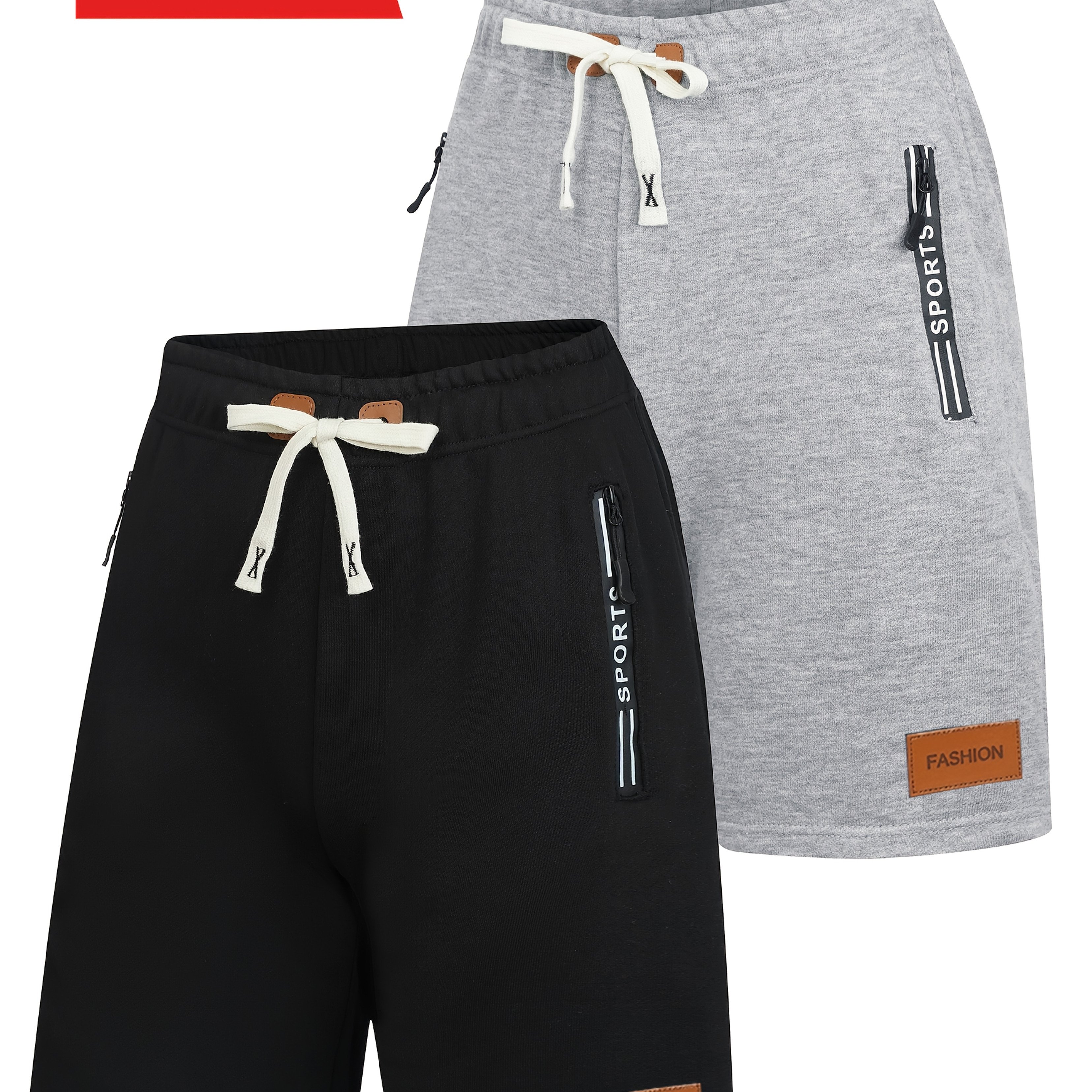 Image of 2pcs Men's Casual Solid Color Zipper Terrycloth Shorts, Drawstring Beach Shorts, Suitable For Summer Beach Resorts, Shorts, Men's Sports Shorts, Men's Running Shorts