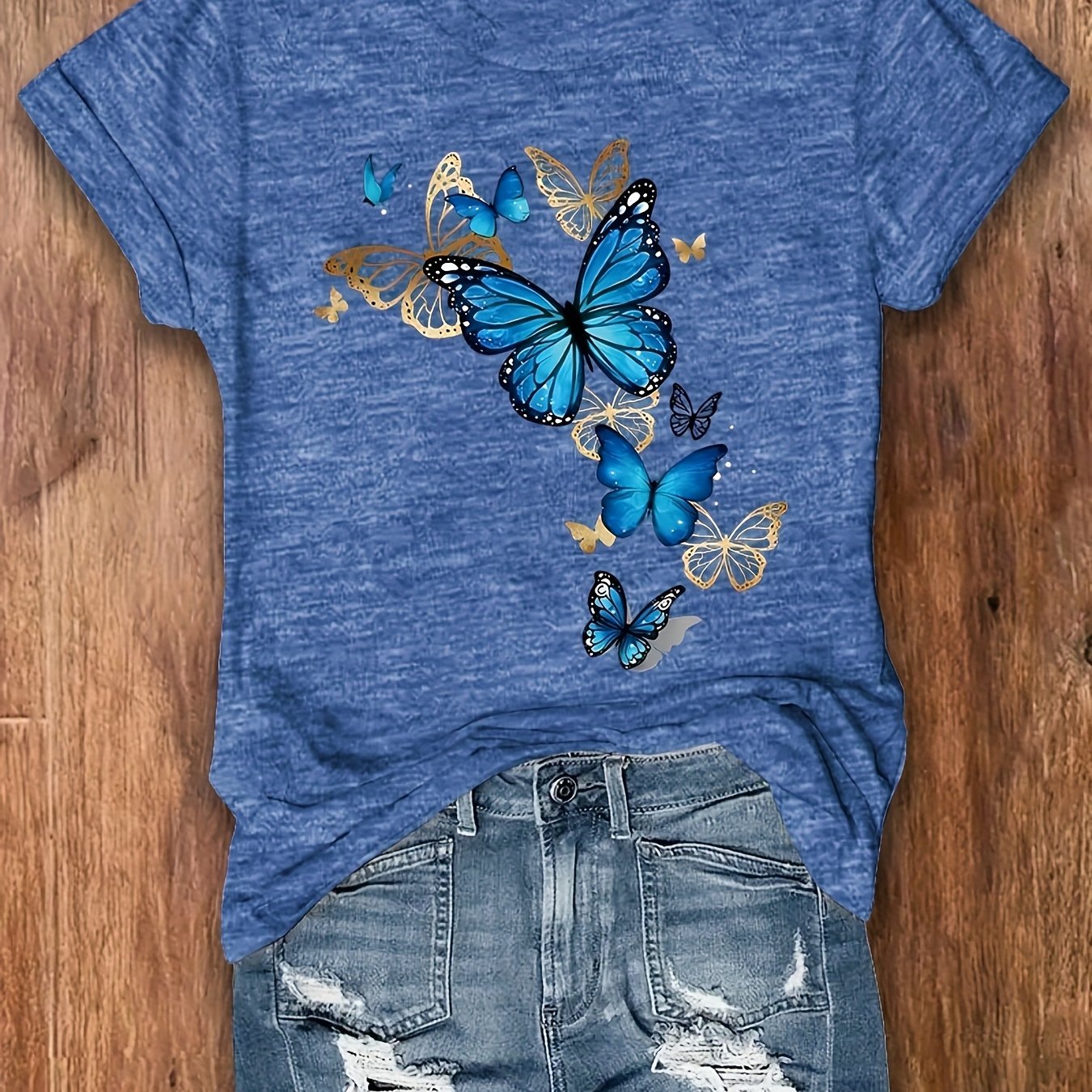 Image of Blue And Print Women's Round-neck Short-sleeve -friendly T-shirt, Spring And Summer Casual Printed Short-sleeve Women's Top, Suitable For Gift-