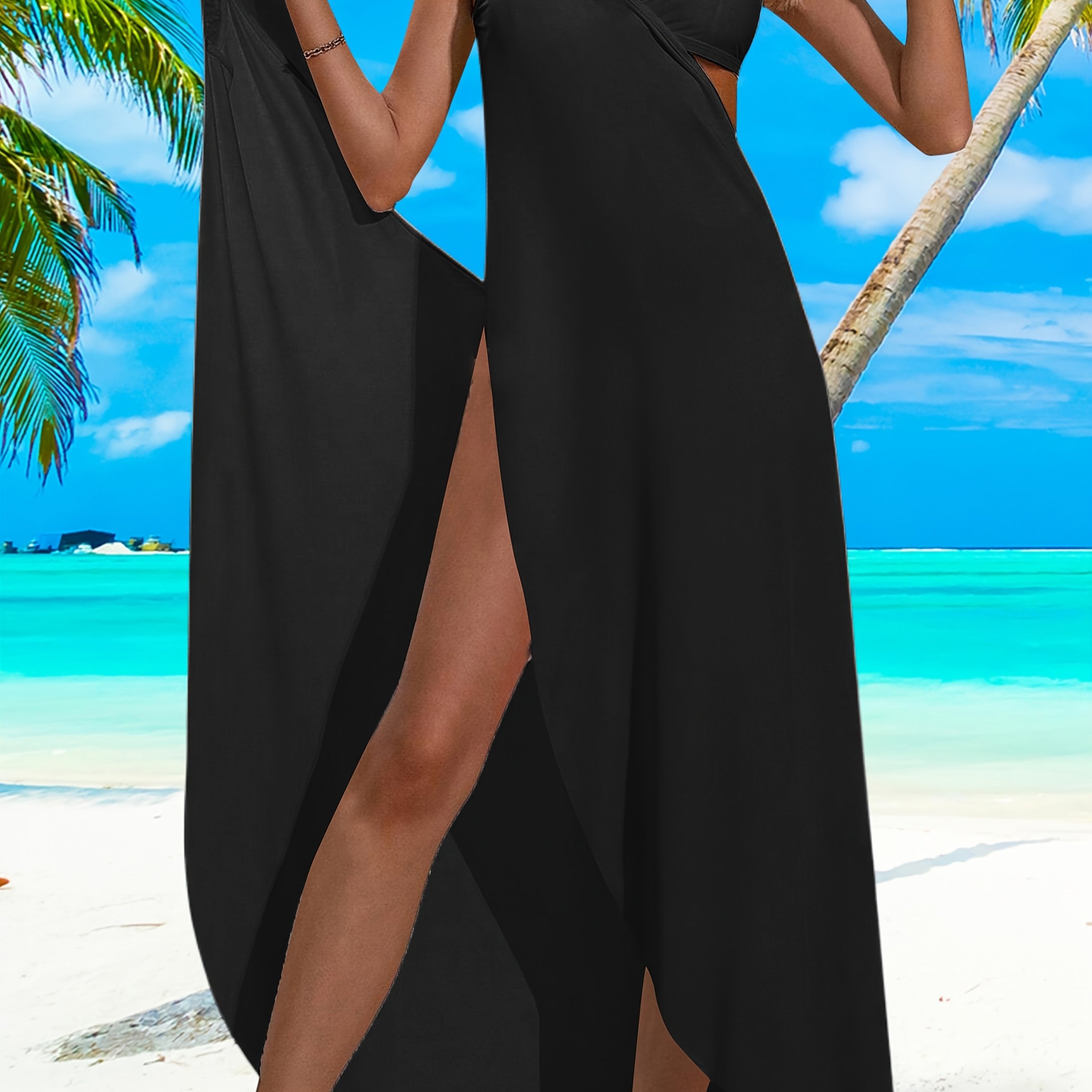 Classic Solid Color Wrap Cover-up Beach Dress, Long Style, Suitable For Beach And Vacation, Swimming, Summer Beach Wrap Hem Kimono