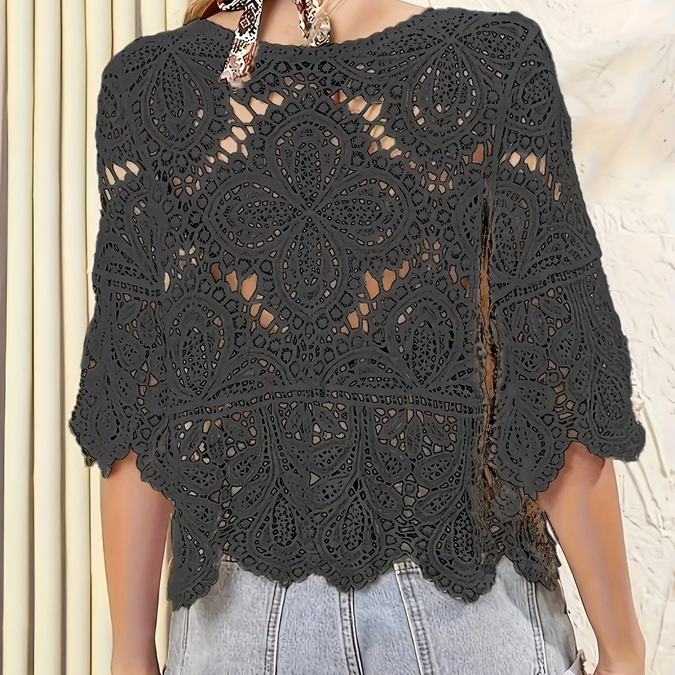 Image of 1pc Bohemian Style Cape With Short Sleeve Design, Short Cape Elegant Matching, Street Casual Outing Small Outfit, Mesh Embroidery Sunscreen Swim Bikini Cover-up, Beach Vacation Style
