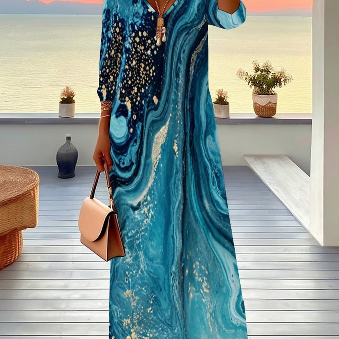 Image of Plus Size, Women's Plus Size V-neck 3/4 Sleeve Maxi Dress, Marble Print, Ideal For Daily, Going Out & Party Wear