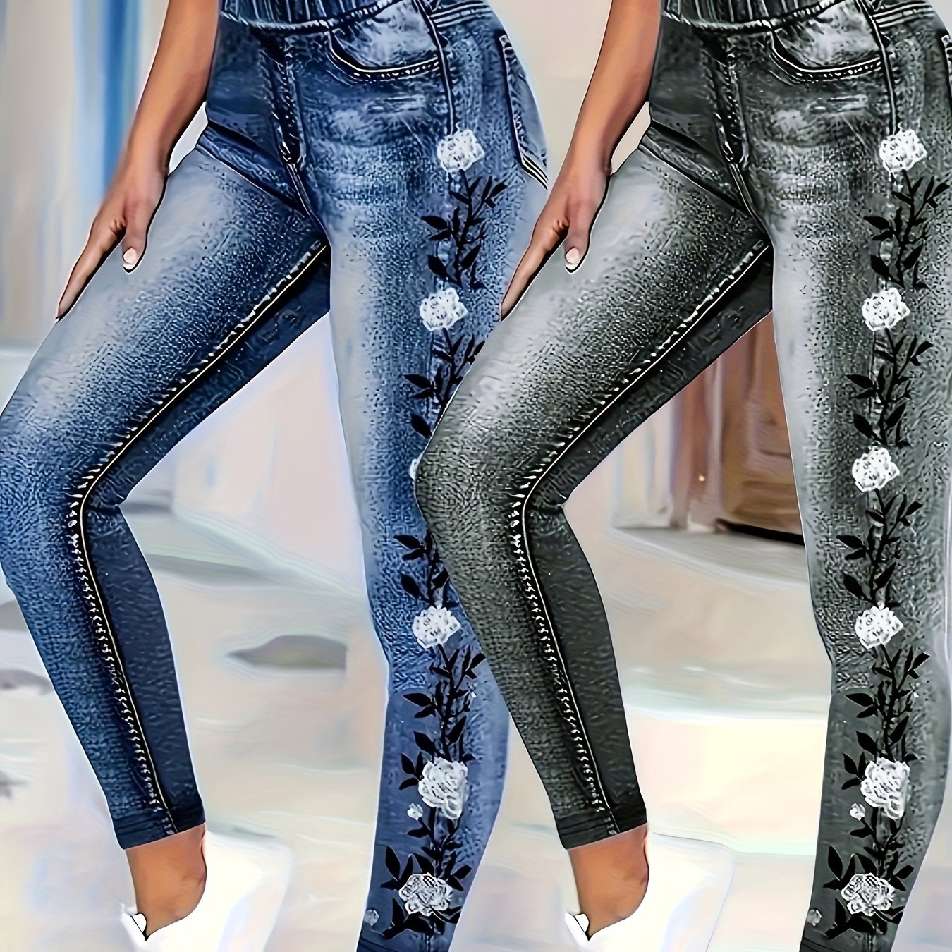 Plus Size - Plus Size - Plus Size Women's 2pcs Set, Fashionable Denim Style Floral Printed High Elasticity Leggings, Suitable For