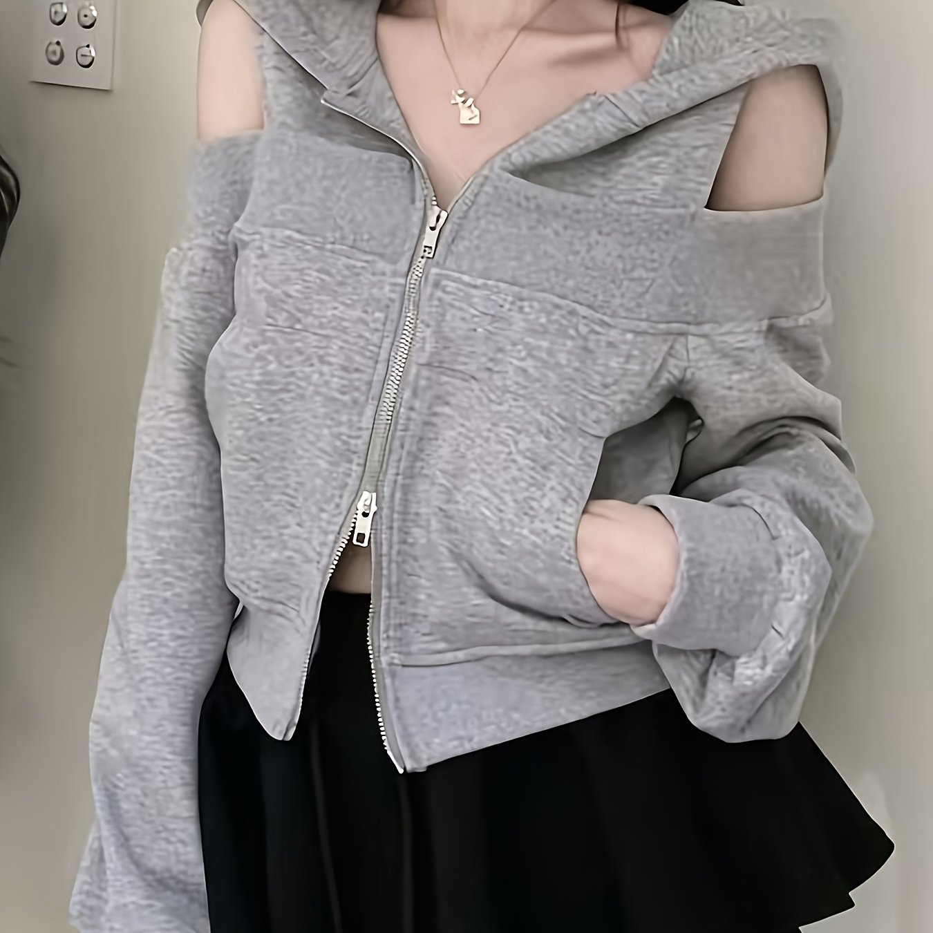 TEMU グレー フーデッド スウェットシャツ ジャケット レディース