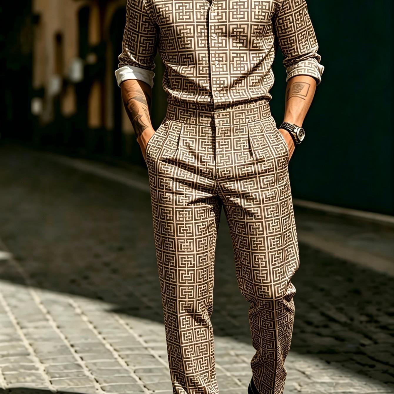 Men's Vintage Geometric Digital Printed Polyester 2pcs Set, Business Casual Daily Wear, Suitable For Work Party, Luxury Outfit Men's Novelty Pajamas Loungewear Men's Novelty Pajamas Loungewear