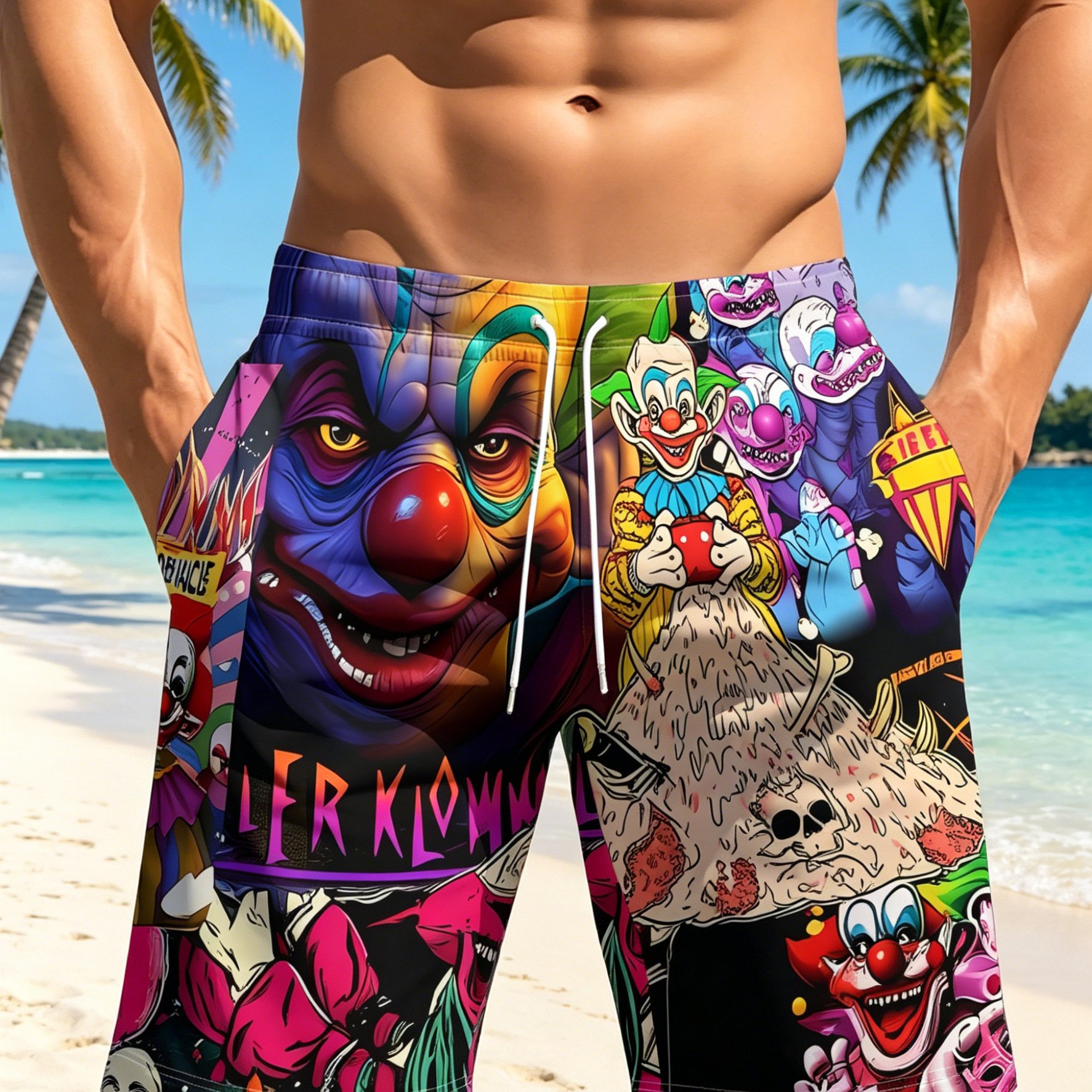 TEMU [printed Design-nottextured]summer Men's Plus Size Beach Shorts, Skin-friendly Comfortable And Breathable, Fun Clown Printed Version, Suitable