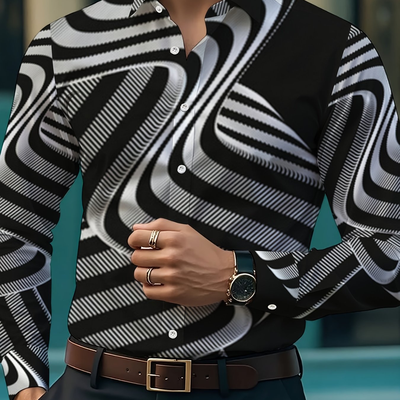 TEMU Men's Abstract Pattern Long Sleeve Shirt, Black And White , Lightweight And Breathable, Perfect For Casual And Urban Style, With Button- Front