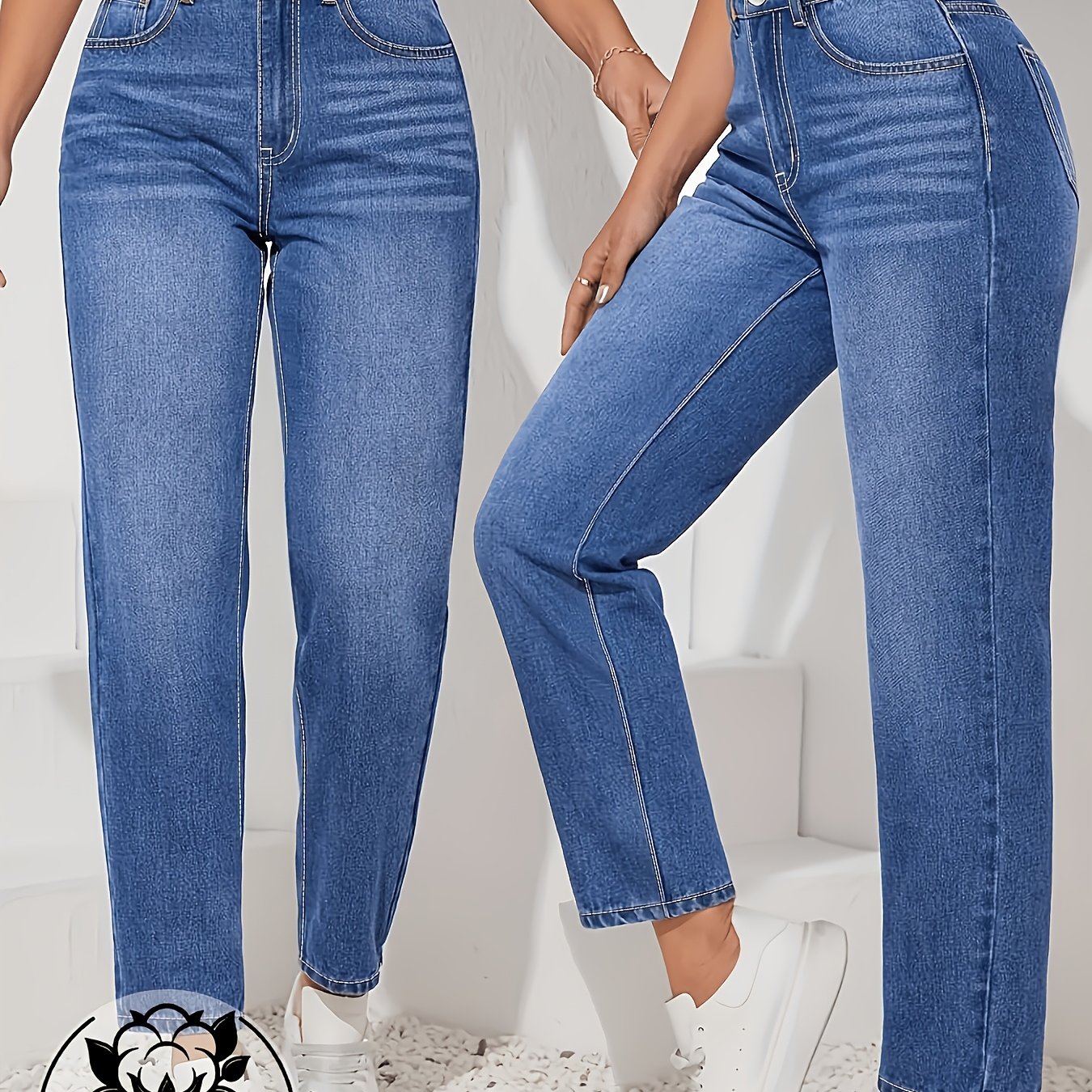 Women's High-waisted Straight-leg Blue Jeans