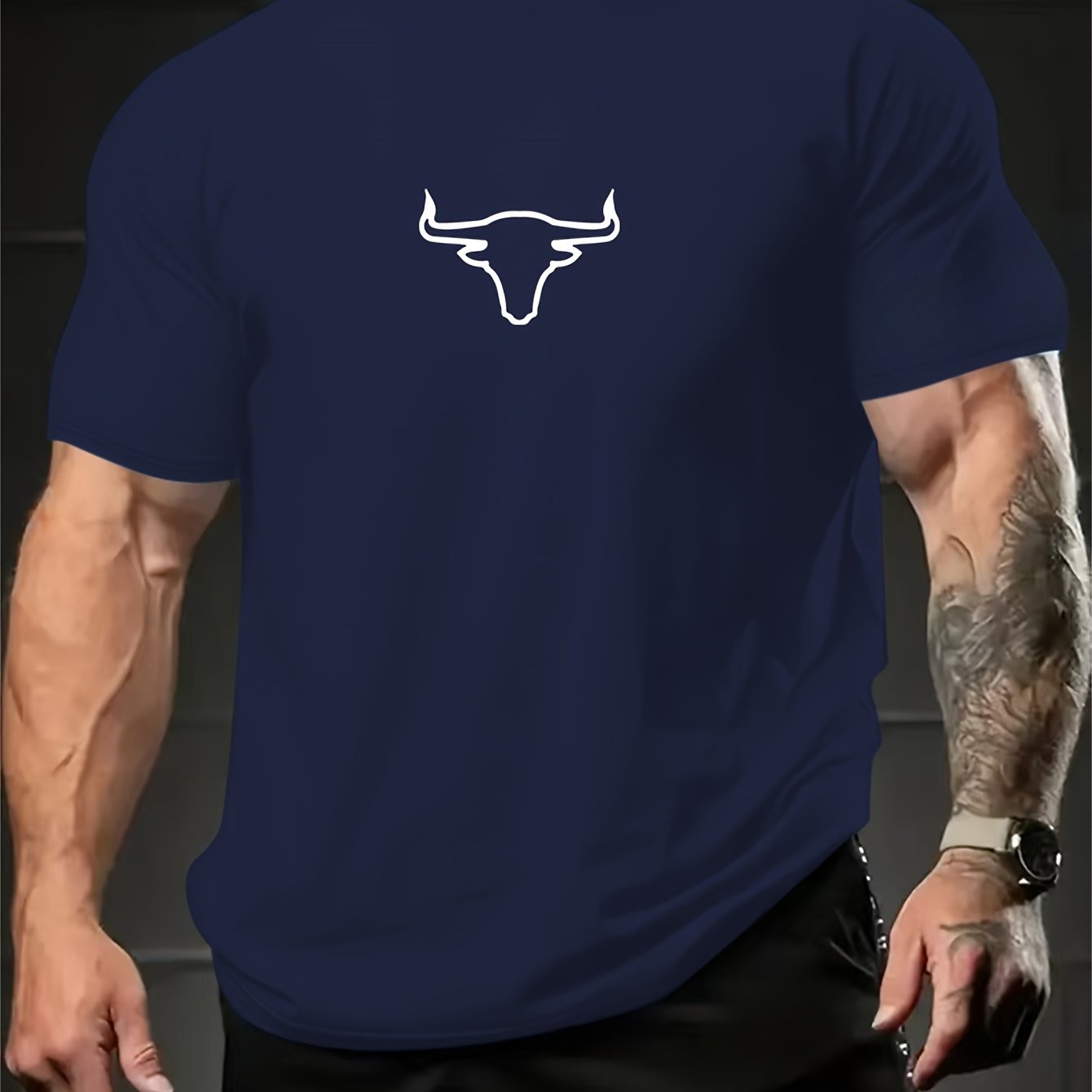 TEMU Men's Fashion Casual Bull Horn Print Crew Neck T-shirt, Breathable And Comfortable, Regular Fit, Knitted Material, Summer Sports, Plus Sizes,