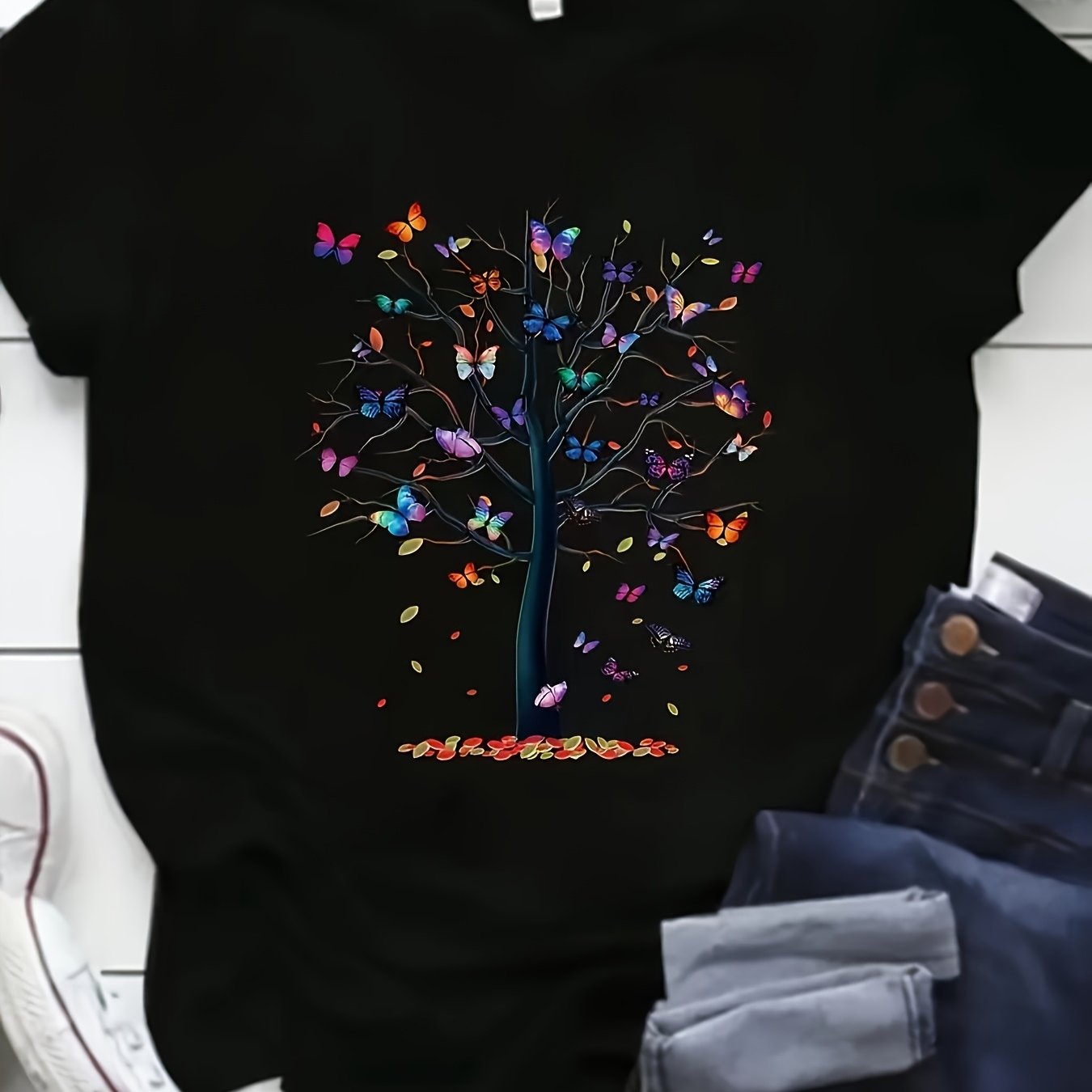 TEMU A Tree With Colorful Butterflies Theme Design Pure T-shirt Women Size S T-shirt High Quality T-shirt Spring Summer Casual Wear Gift For