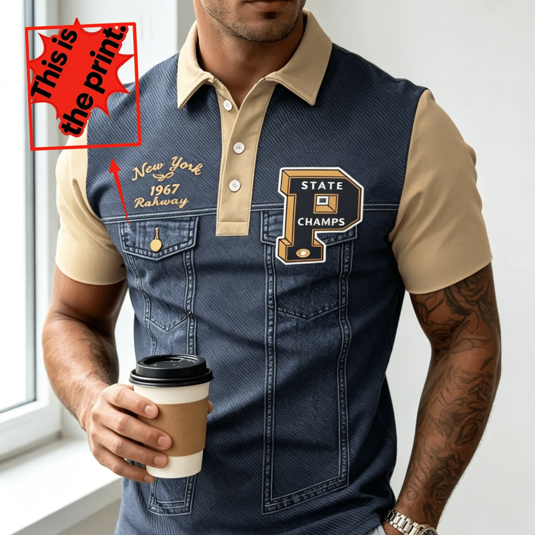 TEMU Men's Denim-style Short-sleeve Shirt - Full-body Denim Print Collar Top | Vintage Casual Blouse Suitable For Casual Attire, Machine Washable