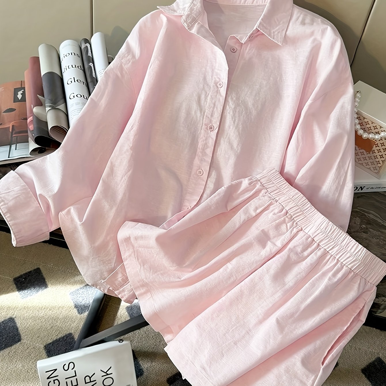 TEMU レディース ショートパンツ おしゃれなセット 春夏 長袖 カジュアル ルーズフィット 長袖トップスとショートパンツセット