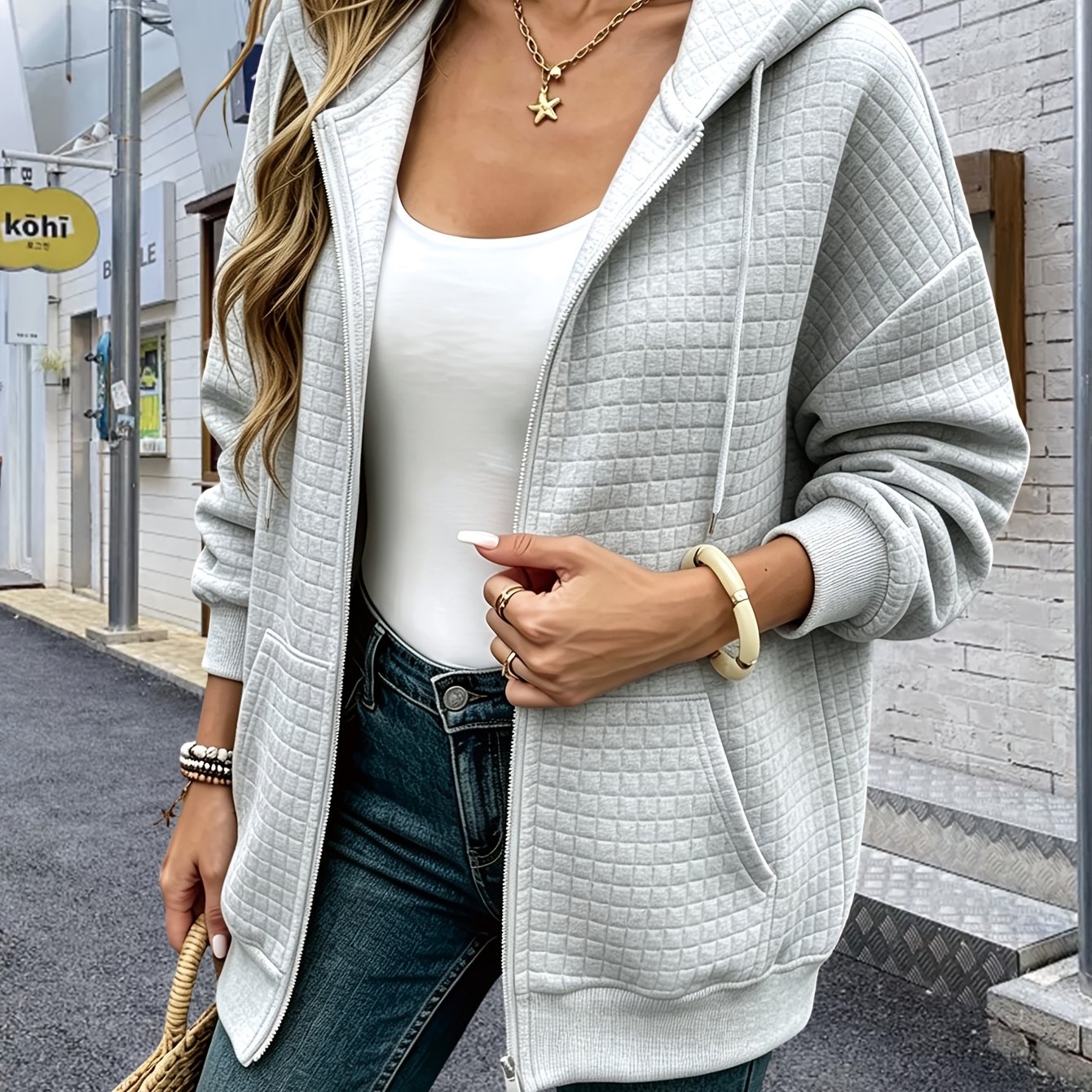 TEMU Women's Waffle-weave Hooded Jacket, Spring Autumn Style, Long Sleeve, Zipper Closure, Loose Fit, Casual Temperament Top, Drawstring Hood Design,