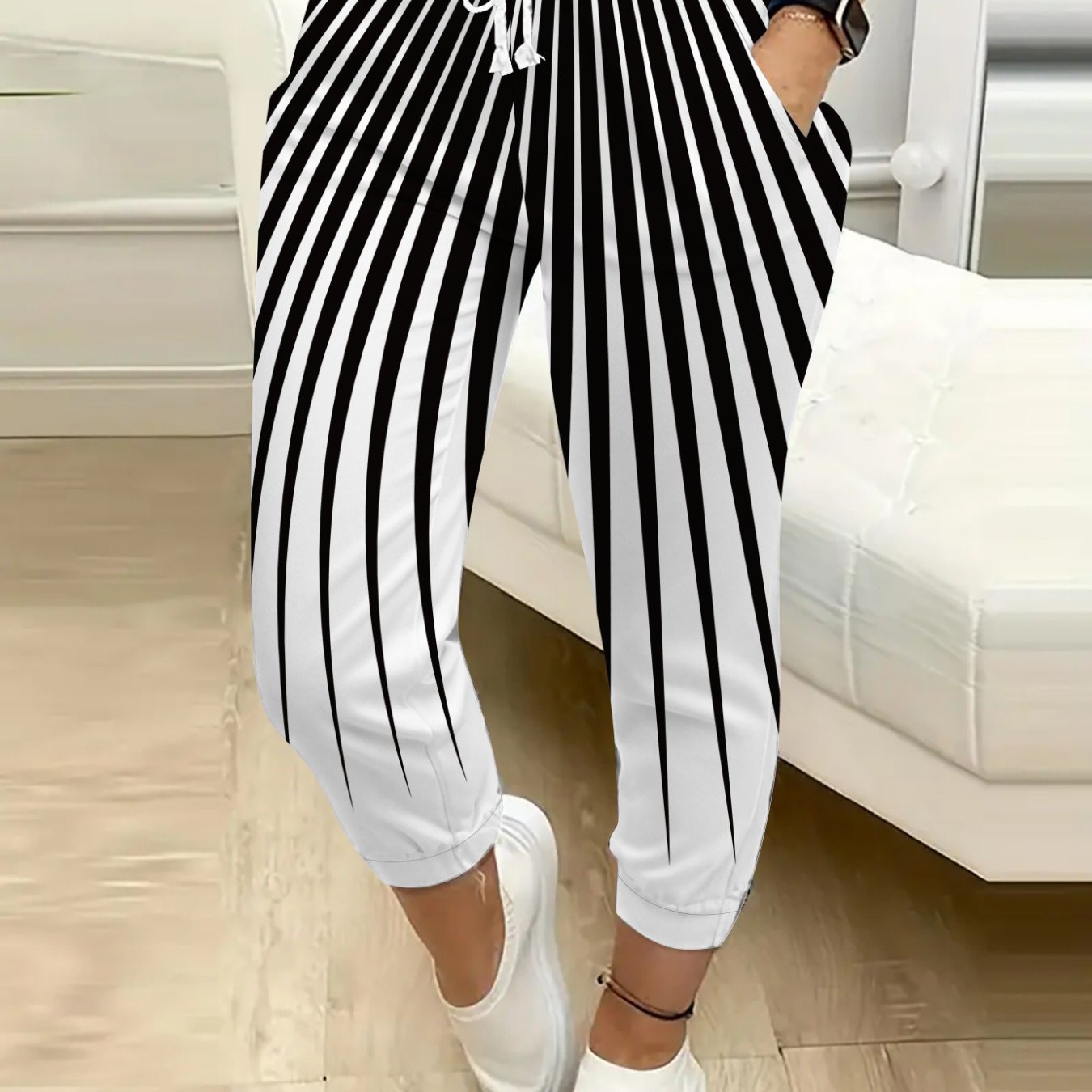 Women's Casual Beam Stripe Pattern Print Drawstring Pocket Pants