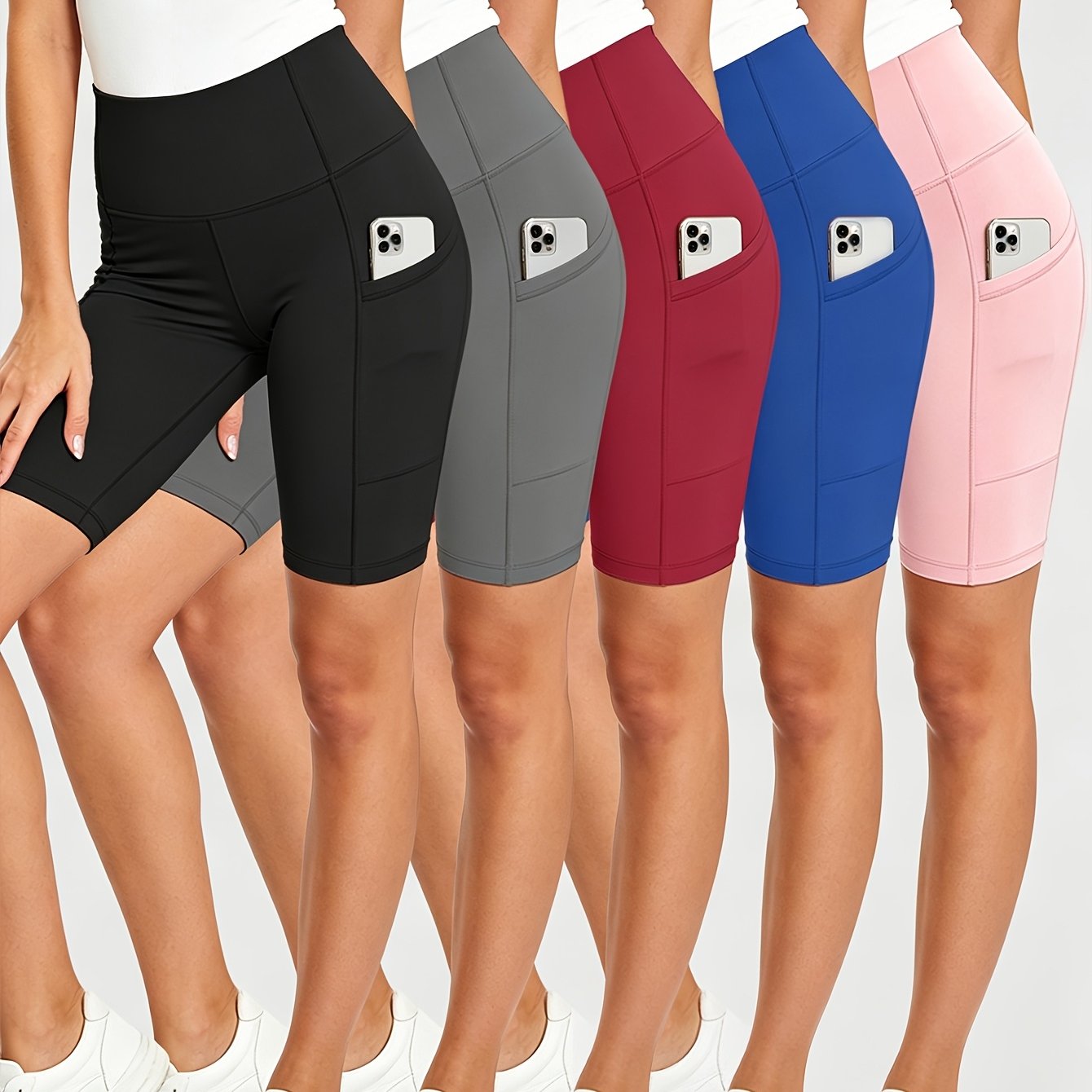 TEMU 5pcs Set Of Women's High-waisted Yoga Shorts With Pockets And , Ideal For Fitness, Running, And Cycling. This Set Includes 5 Pairs Of