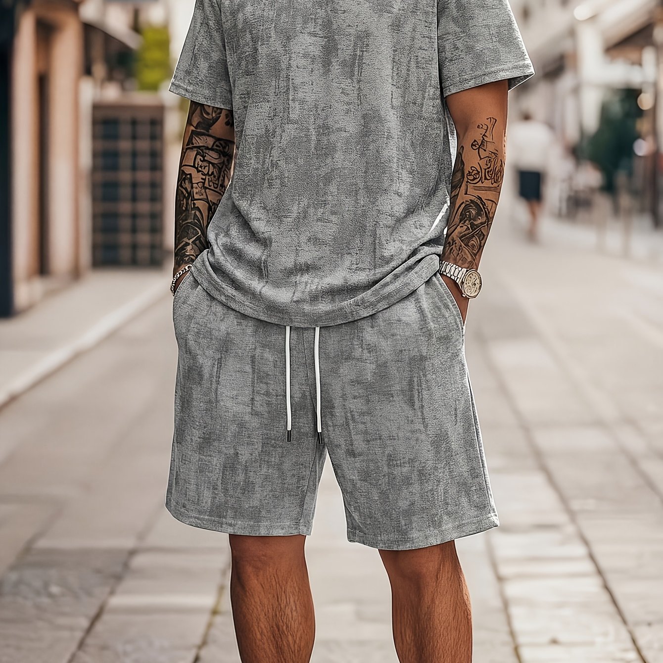 TEMU Men's 2pcs Summer Matching Short Sleeve T-shirt & Matching Shorts - Breathable Casual Beachwear Matching Outfit With Short Sleeve Round Neck &