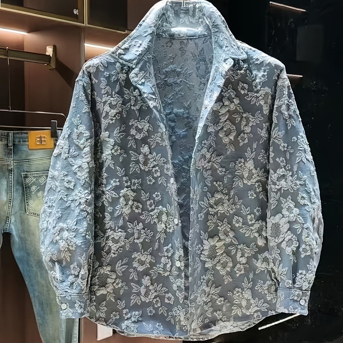 TEMU 【メンズ】花柄エンボスシャツジャケット、ルーズフィット、カジュアルで、カップル向けアウター、春と秋に最適