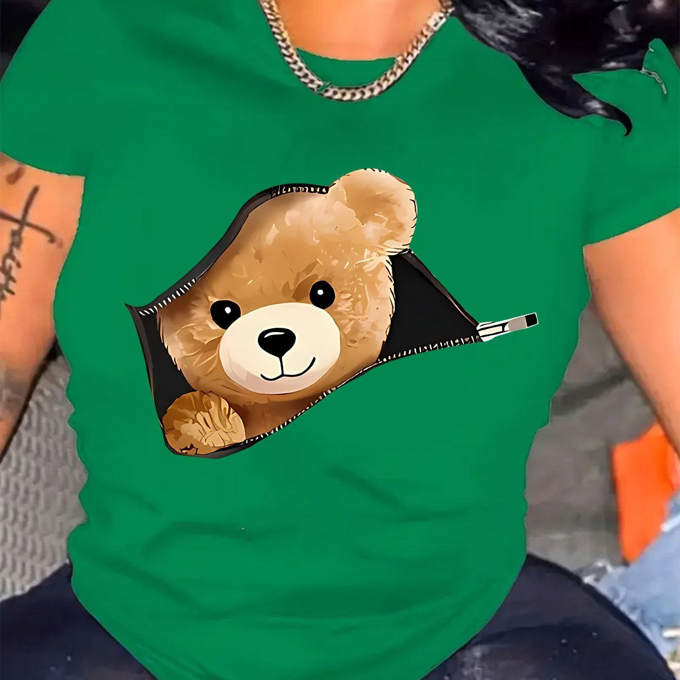TEMU Cartoon Bear Printed T-shirt, Short-sleeved Round-neck Casual Top, Suitable For Summer And Spring, Short-sleeved Top, Women's Clothing