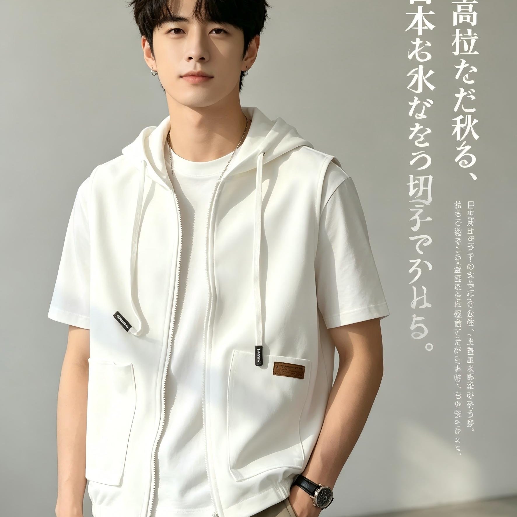 TEMU 【夏】大きいサイズ ノースリーブ フード付き スウェットベスト メンズ ファッション カジュアル ジップアップ ベスト ジャケット