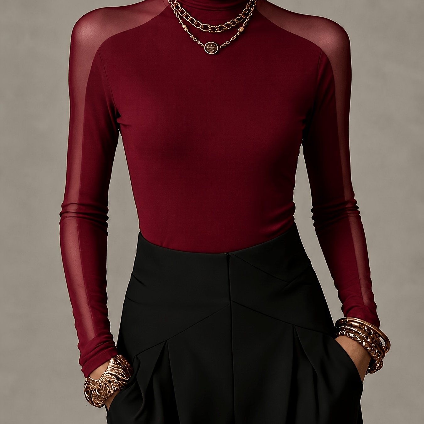 TEMU Chemise de base pour femme, style mature léger européen et américain, couleur unie, patchwork en , col montant, coupe ajustée, manches longues