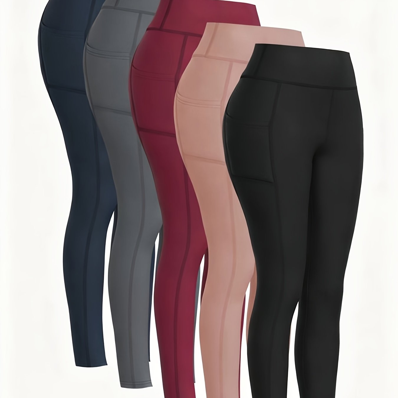 TEMU Women's High-waist Yoga Pants - Tummy-firming Design With Side Pockets, Durable Fitness Running Cycling Sports Leggings, Suitable For Daily And Casual Wear, Fashionable And Easy