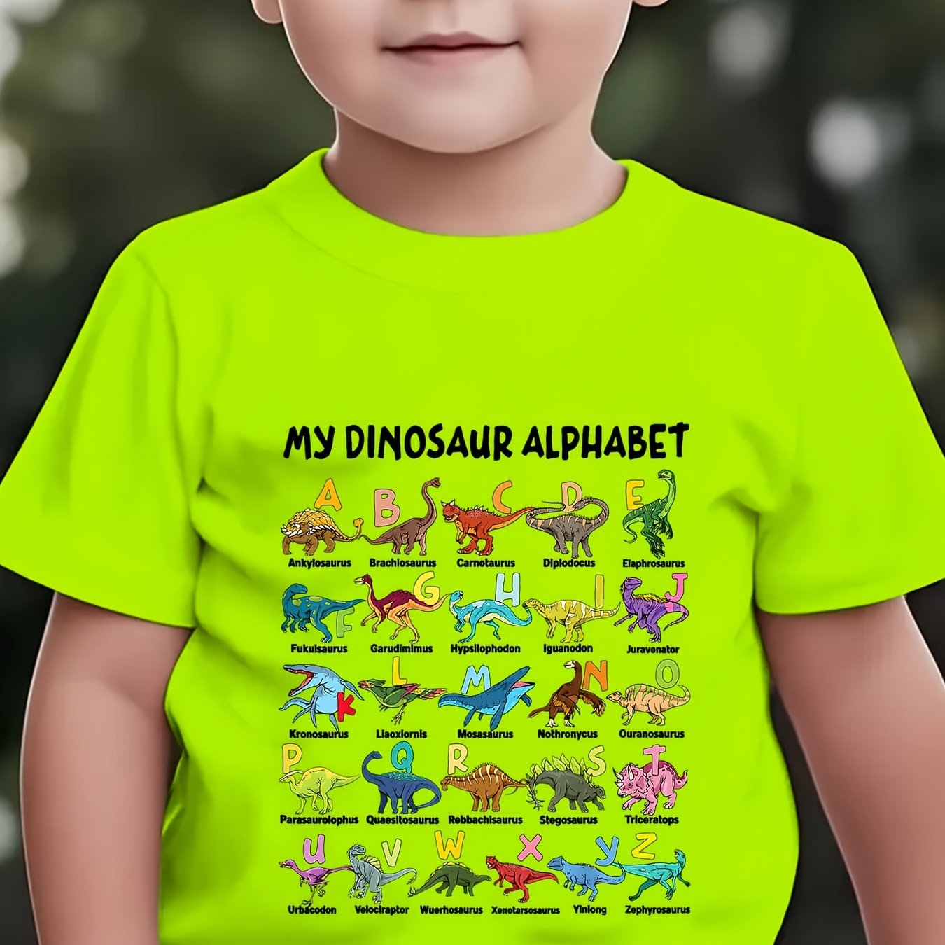 Image of Summer Boys' Fashion Short Sleeve "my Dinosaur Alphabet" Dinosaur Element Alphabet Print Outdoor Casual Top Ny-dx5404