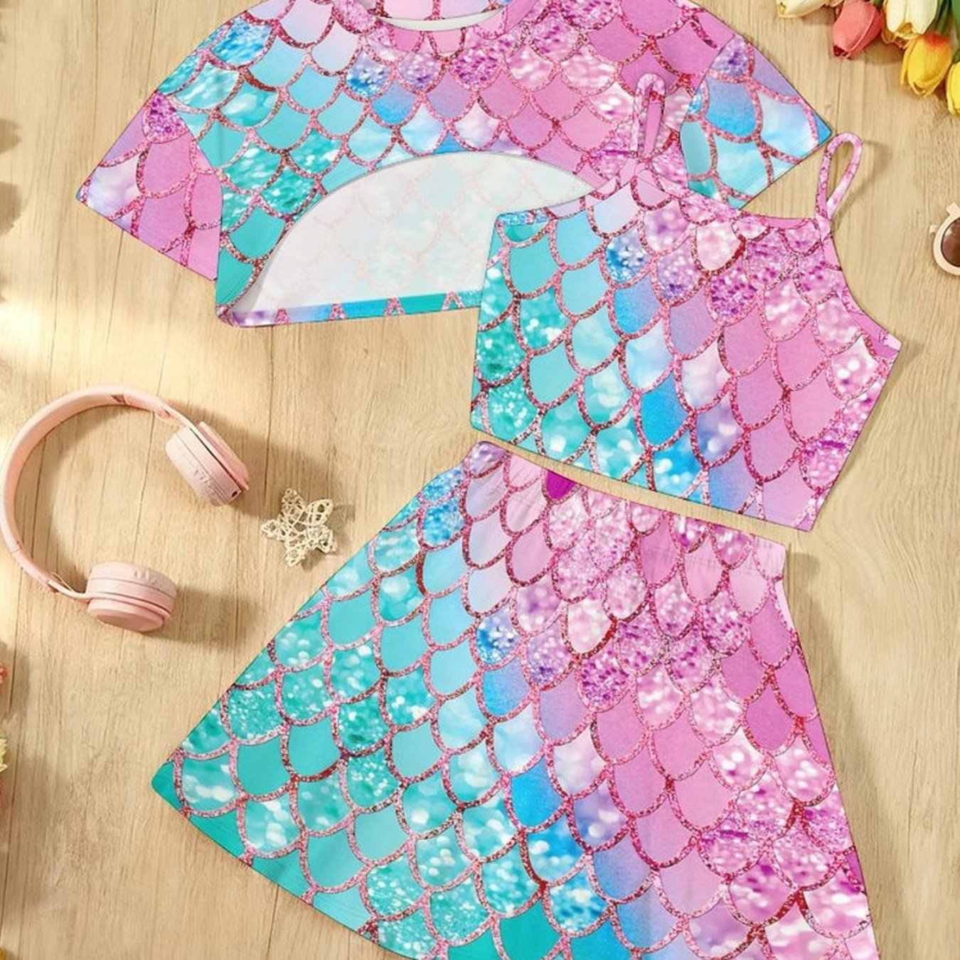 Image of Girls' Summer Cool Jacket+camisole+short Skirt 3pcs Set - Scale Mermaid Full Body Pattern Fashion Outfit