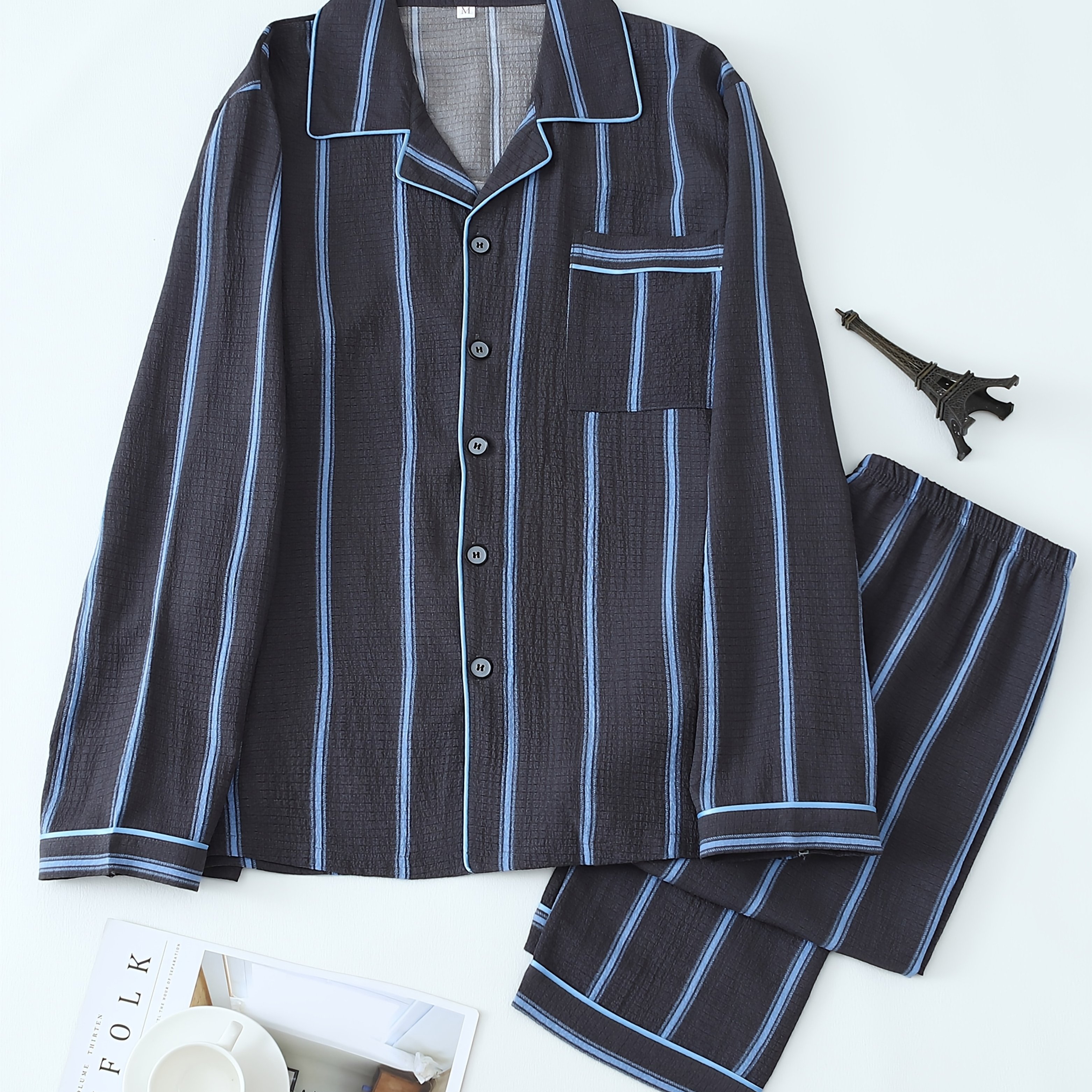 TEMU Conjunto casual de cardigan de larga y pantalones a rayas para hombre. conjunto de otoño e invierno, fácil de usar en el hogar.