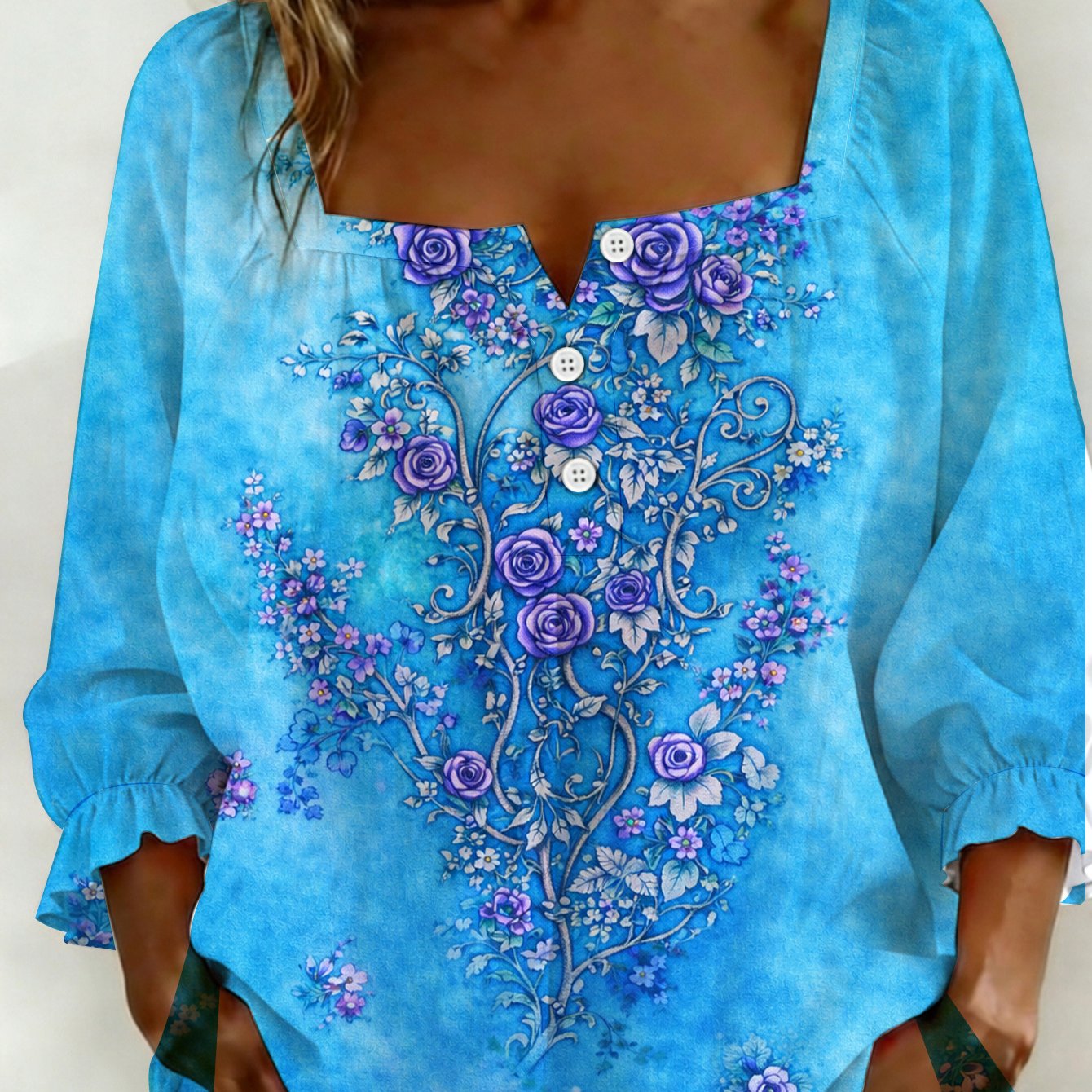 Plus Size, 2d Flat Printing Plus Size, Women's Royal Blue Ethnic Square Neck Shirt, Square Neck Button Detail 3/4 Sleeve, Stunning Ornament Print Top, 2d Flat