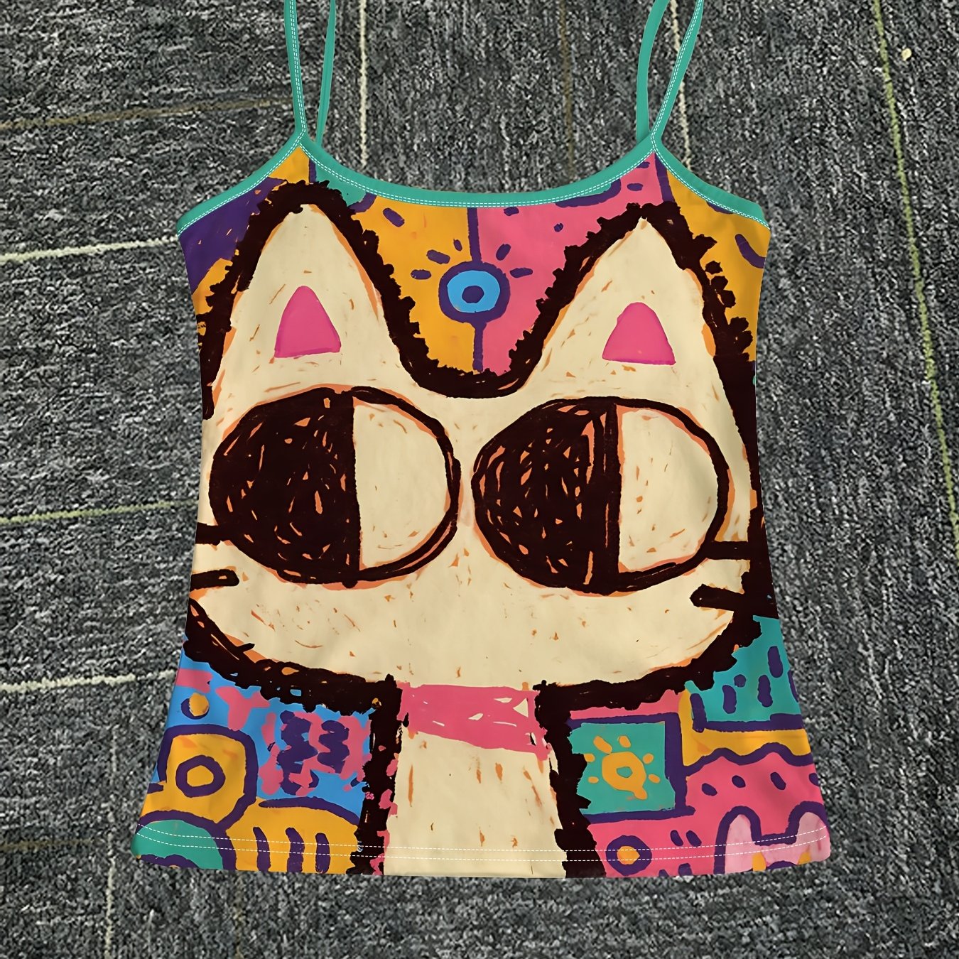 TEMU Cartoon Cat Pattern Cami Top, Women's Colorful Fashion Top, Summer Casual Sleeveless Shirt
