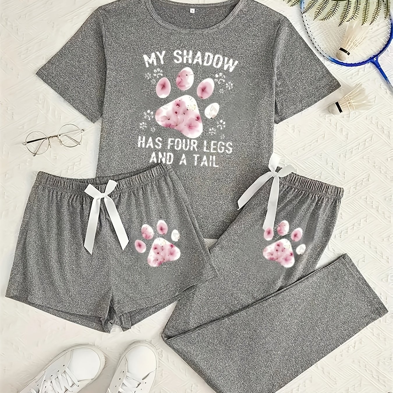 TEMU A Designed Printed Women's Sleepwear Set With 3 Pieces, Including Short Sleeves, Long Pants, And Shorts