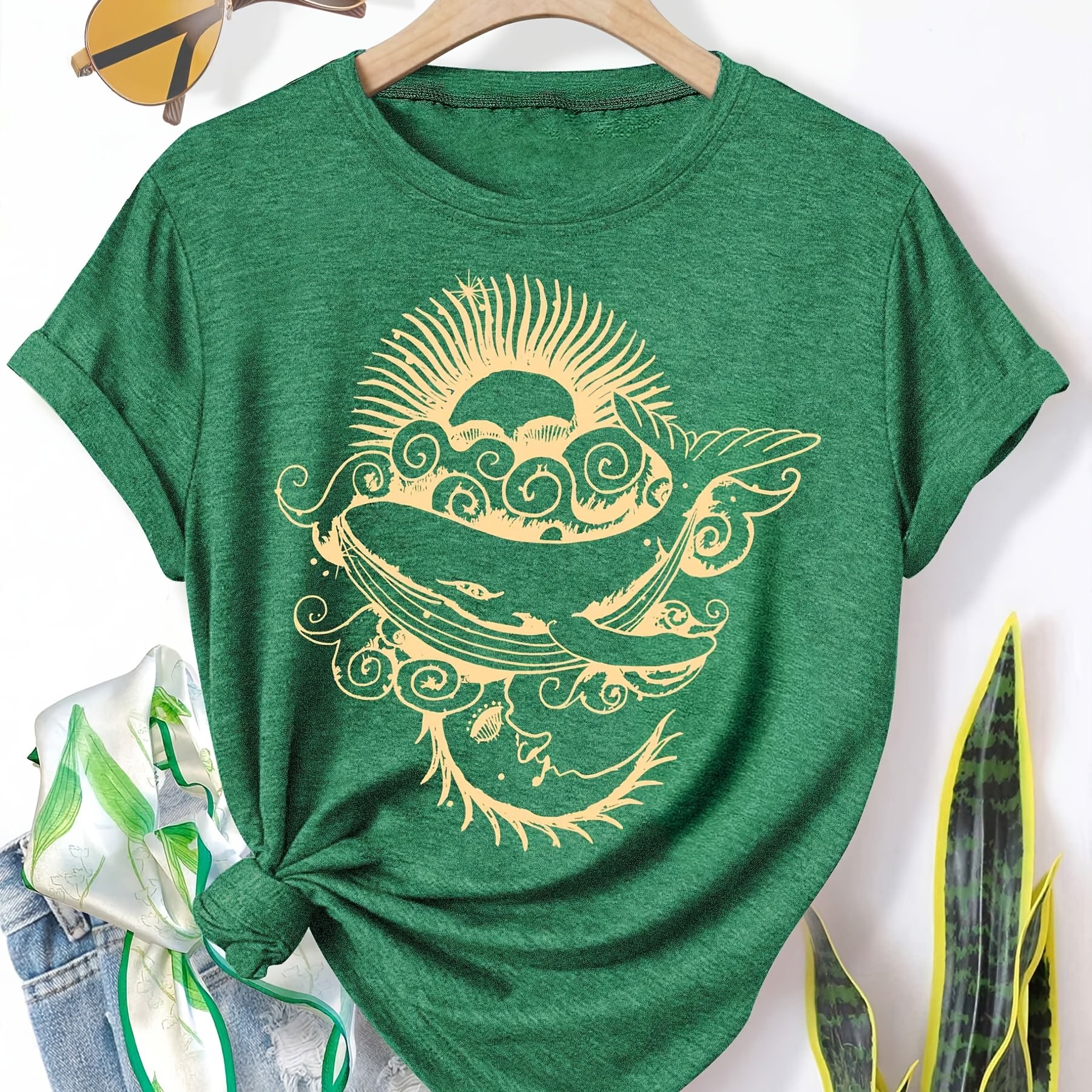 TEMU Print Fashion Vintage Style Women's Spring/autumn Casual Sporty Round Neck Short Sleeve T-shirt, Multiple Colors , Sizes S-xxl