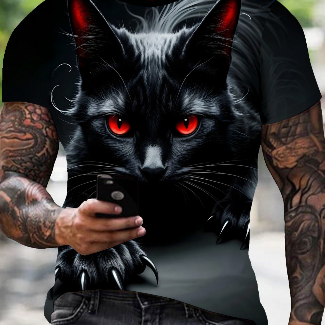 TEMU Men's Casual Versatile Short Sleeves, New Summer T-shirt Men's Short Sleeves Black Cat Print Street Trendy Men's Round Neck Top, Print Pattern