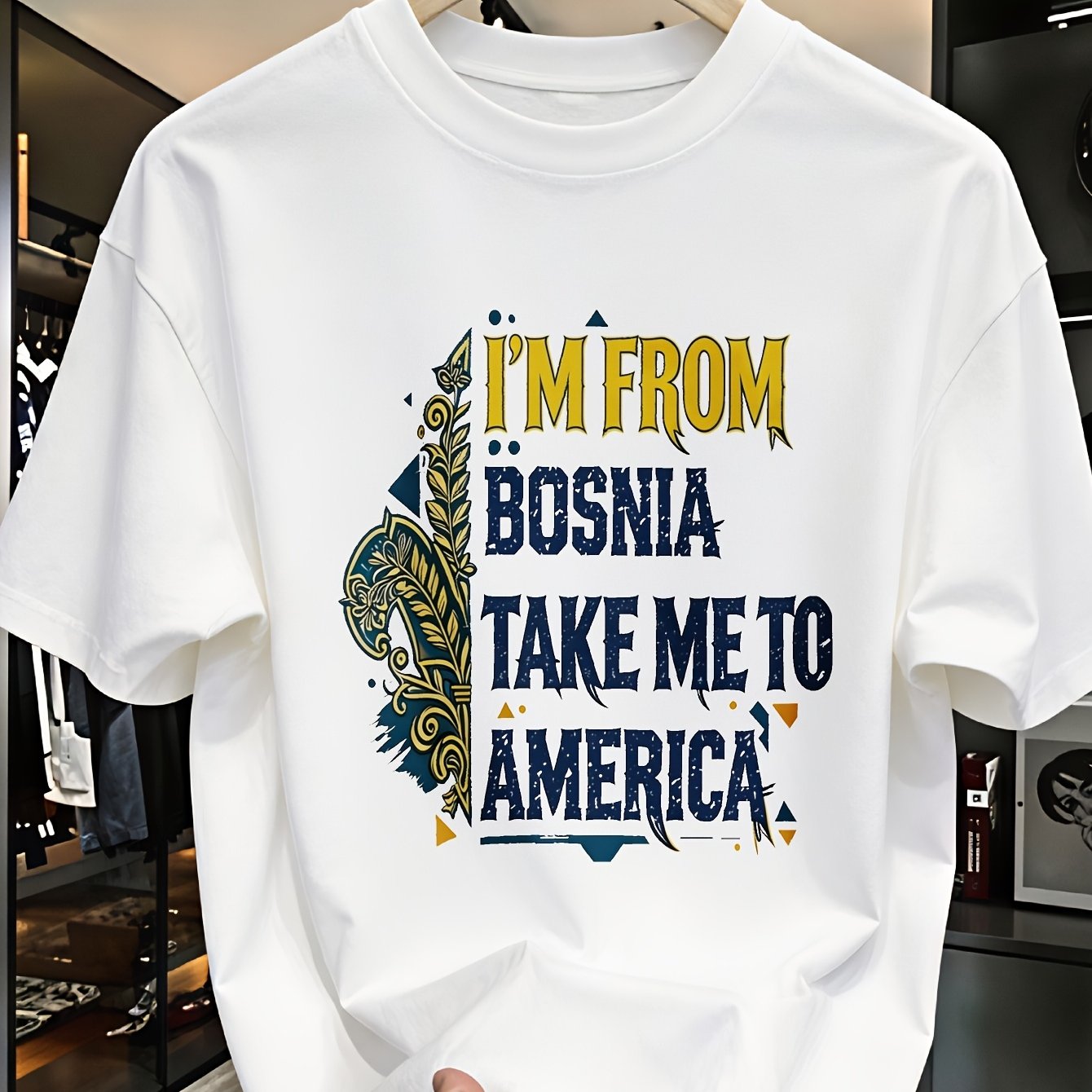 Men's Bosnia To America Country Lover Graphic T-shirt, Regular Heat Transfer Print Soft Daily Casual Short Sleeve Wear Top