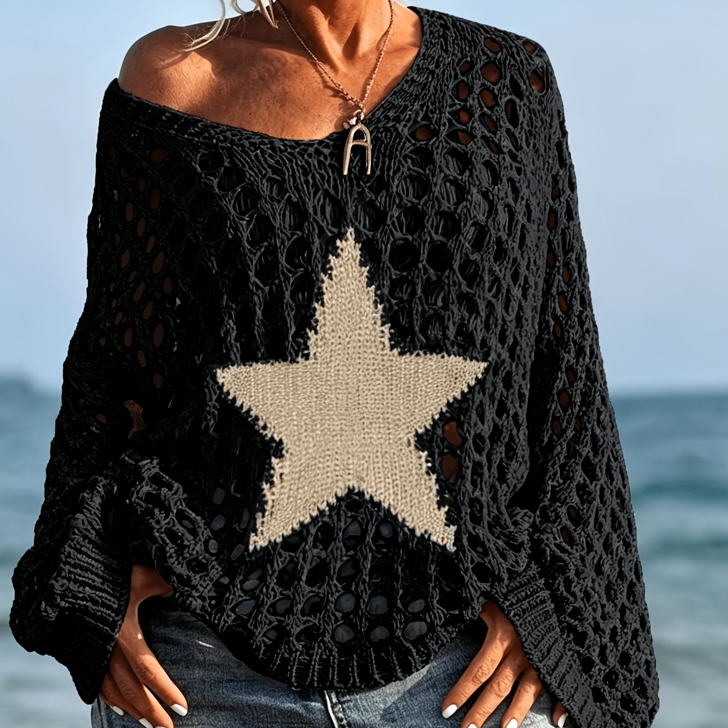Image of Lightweight Crochet Top For Spring And Summer, Casual V-neck With Long Sleeves, Featuring A With Golden Stars, Beach Cover-up V-neck Crochet Top