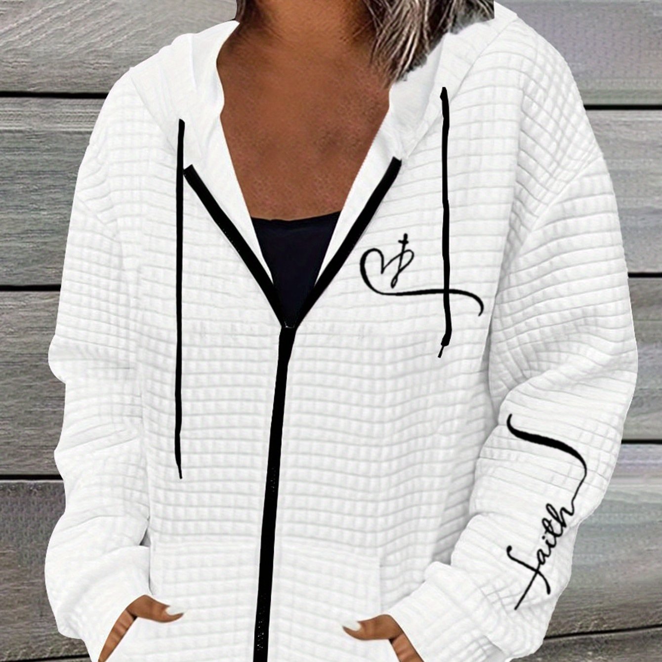 Image of Abstract Love Letter Printed Sweater Long Sleeve Hood Kangaroo Pocket Autumn And Winter Sweater Jacket Casual Tops Women's Clothing