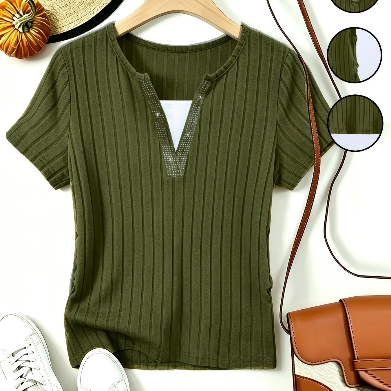 TEMU 2026 Summer Ribbed Short Sleeve T-shirt, French Retro Vertical Striped Top, Ruffle Trim Small V-neck Elegant Tee, Breathable Skin-friendly Basic